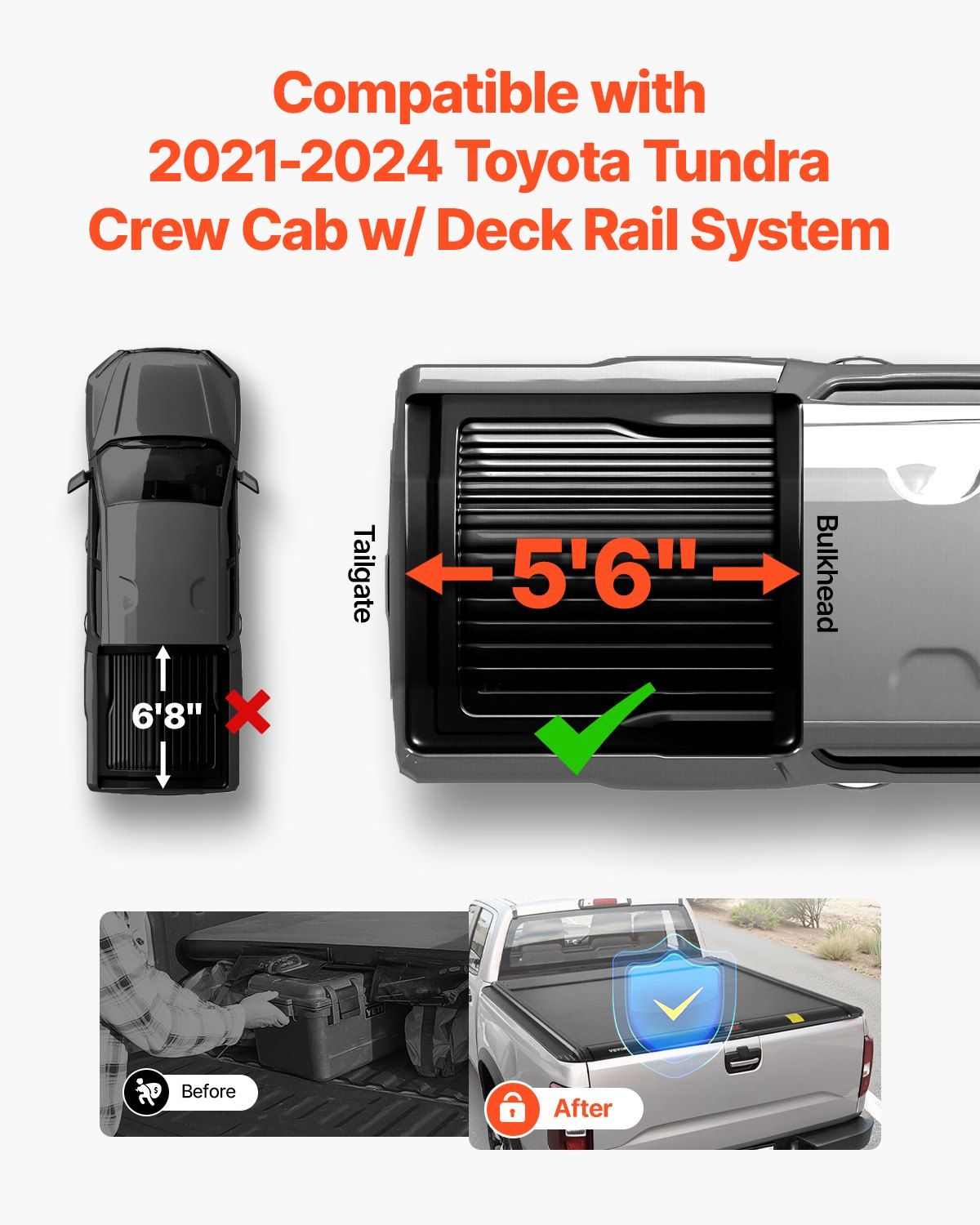Retractable Tonneau Cover, 5.5 ft Retractable Tonneau Cover with Built-in Drainage Pipe for 2021-2024 Toyota Tundra Crew Cab w/ Deck Rail System , Hard Tonneau Cover with Double-Lock & T-Slot - Image 2