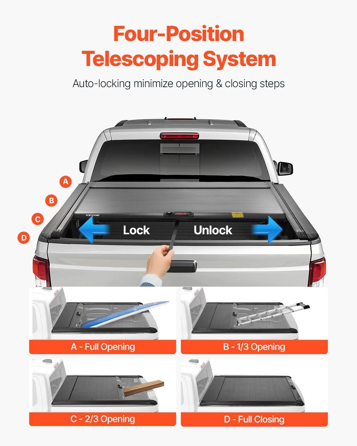 Retractable Tonneau Cover, 5.5 ft Retractable Tonneau Cover with Built-in Drainage Pipe for 2021-2024 Toyota Tundra Crew Cab w/ Deck Rail System , Hard Tonneau Cover with Double-Lock & T-Slot - Image 4