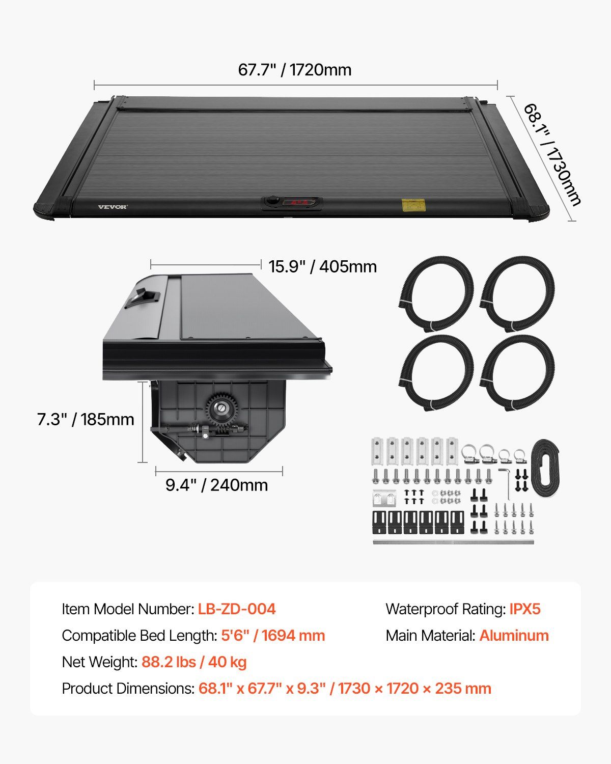 Retractable Tonneau Cover, 5.5 ft Retractable Tonneau Cover with Built-in Drainage Pipe for 2021-2024 Toyota Tundra Crew Cab w/ Deck Rail System , Hard Tonneau Cover with Double-Lock & T-Slot - Image 7