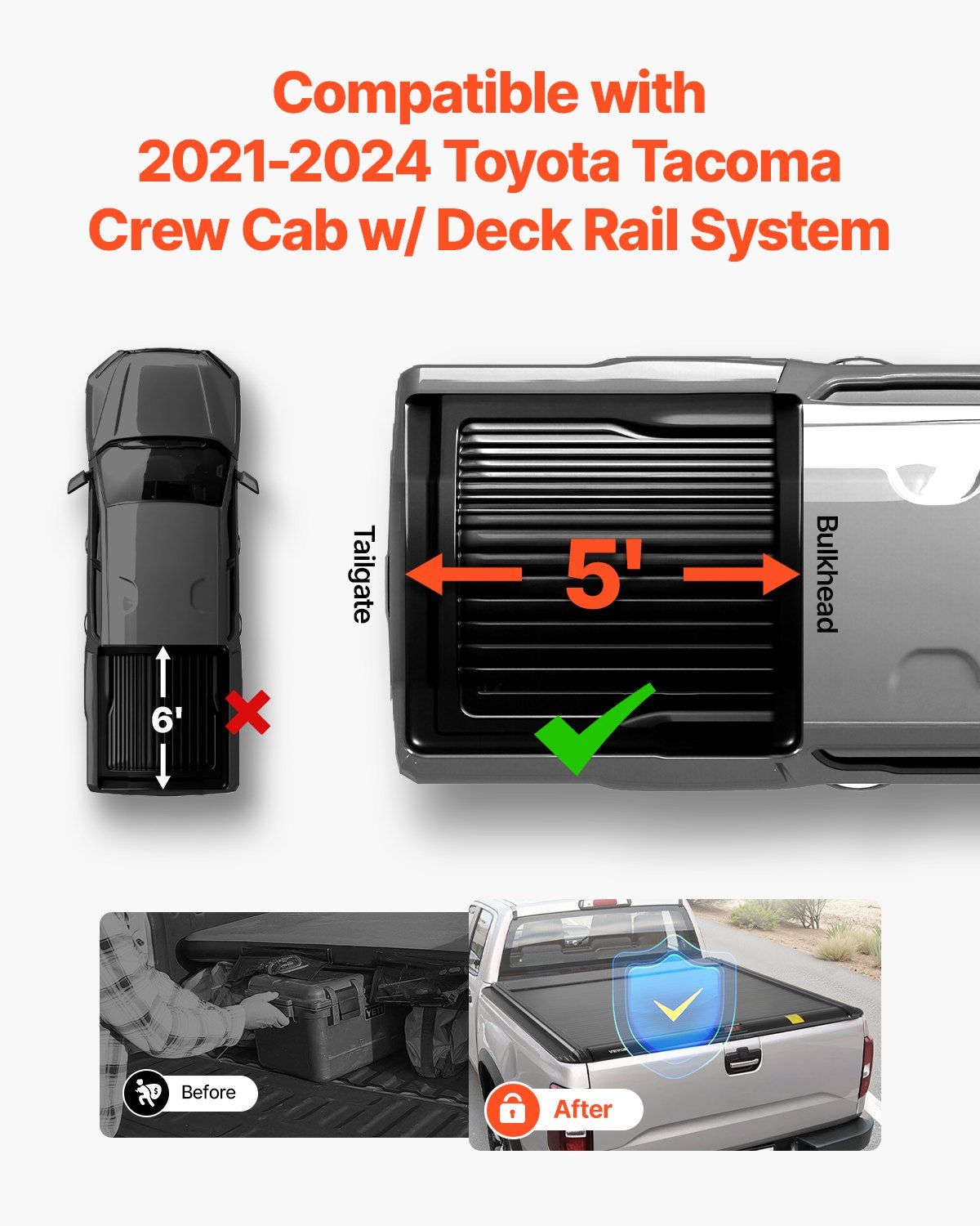 Retractable Tonneau Cover, 5.0 ft Retractable Tonneau Cover with Built-in Drainage Pipe for 2021-2024 Toyota Tacoma Crew Cab w/ Deck Rail System , Hard Tonneau Cover with Double-Lock & T-Slot - Image 2