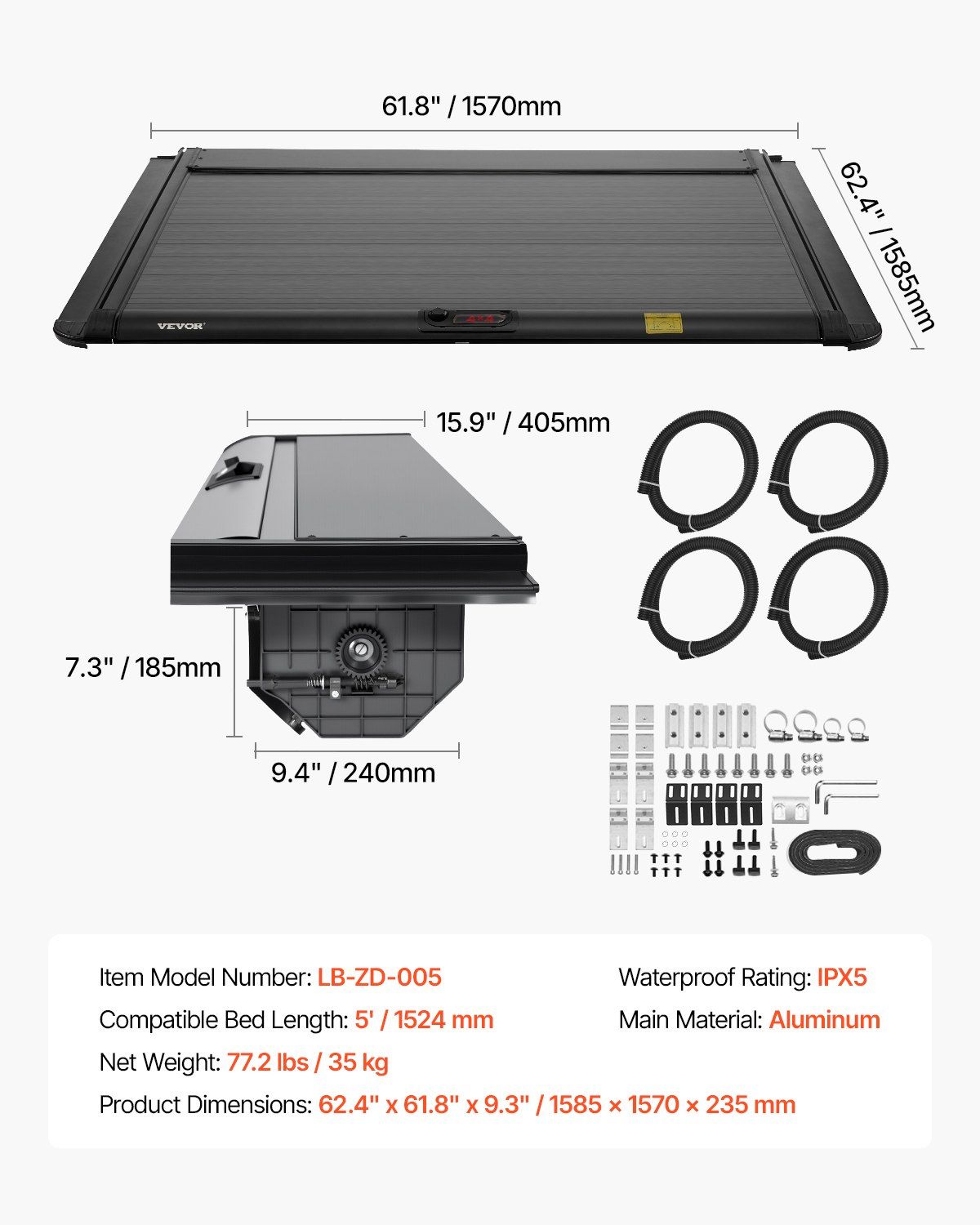 Retractable Tonneau Cover, 5.0 ft Retractable Tonneau Cover with Built-in Drainage Pipe for 2021-2024 Toyota Tacoma Crew Cab w/ Deck Rail System , Hard Tonneau Cover with Double-Lock & T-Slot - Image 7