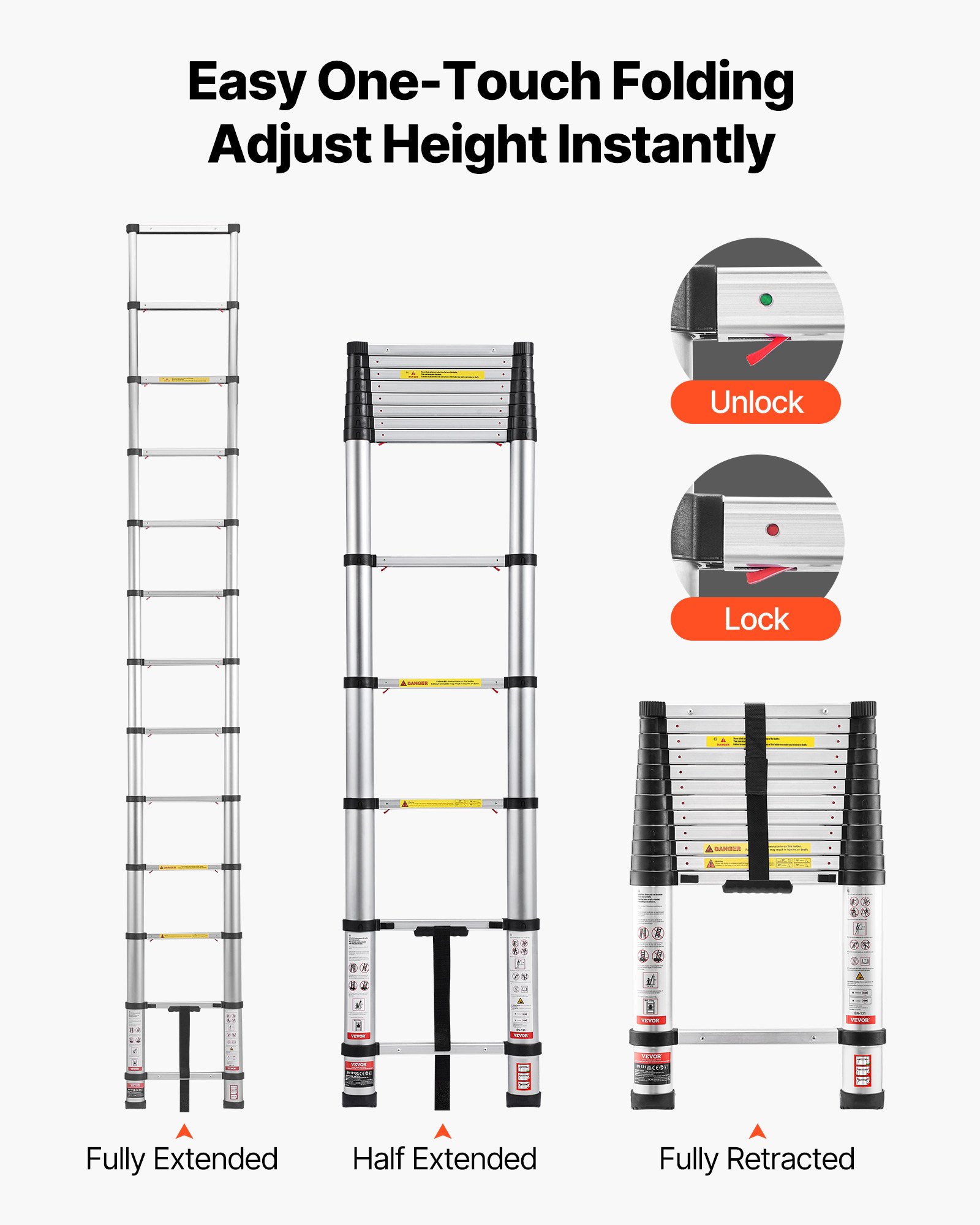 3.8m Telescoping Ladder, Aluminum Lightweight Multi-Purpose Collapsible Extension, One-Touch Retraction Ladder, Heavy Duty 150kg Max Capacity with Non-Slip Feet, for Home, Outdoor Work, Loft - Image 4