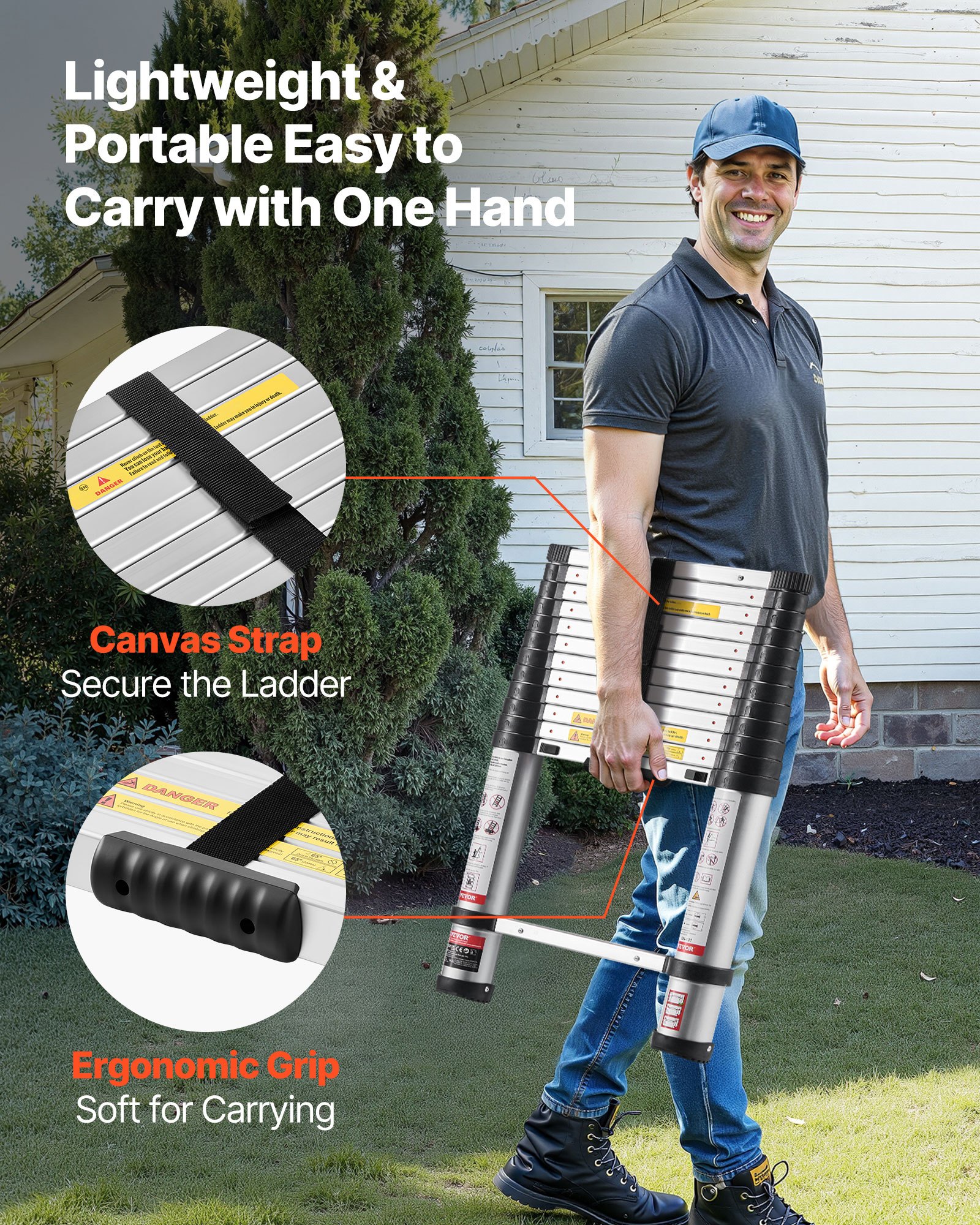 3.8m Telescoping Ladder, Aluminum Lightweight Multi-Purpose Collapsible Extension, One-Touch Retraction Ladder, Heavy Duty 150kg Max Capacity with Non-Slip Feet, for Home, Outdoor Work, Loft - Image 5