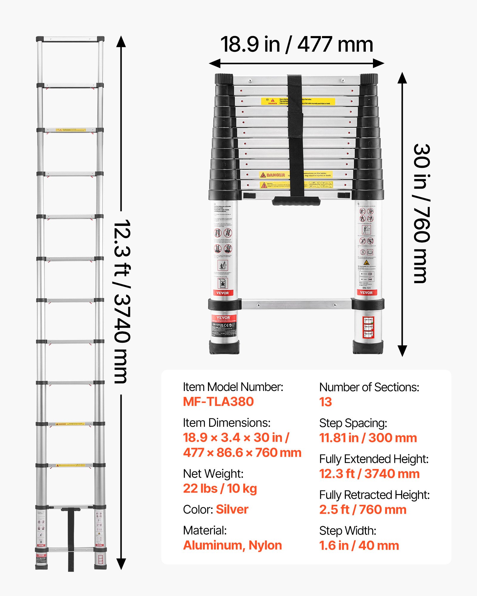 3.8m Telescoping Ladder, Aluminum Lightweight Multi-Purpose Collapsible Extension, One-Touch Retraction Ladder, Heavy Duty 150kg Max Capacity with Non-Slip Feet, for Home, Outdoor Work, Loft - Image 7
