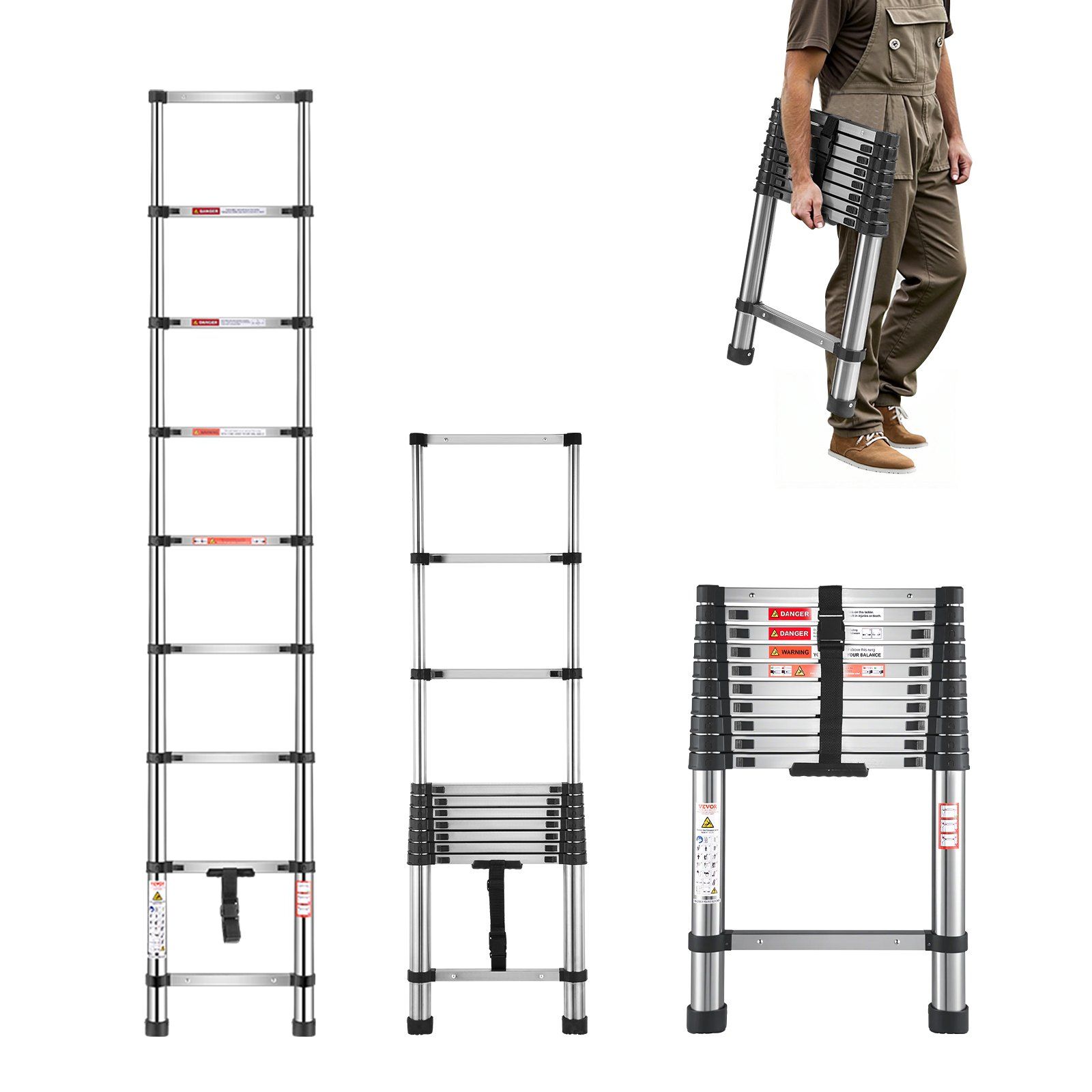 Telescoping Ladder, 2540mm Stainless Steel Lightweight Extension Ladder, Multi-Button Retraction Collapsible Ladders, 150 kg Capacity & Non-Slip Feet, Portable 9-Step Ladders for Home RV Loft - Image 1