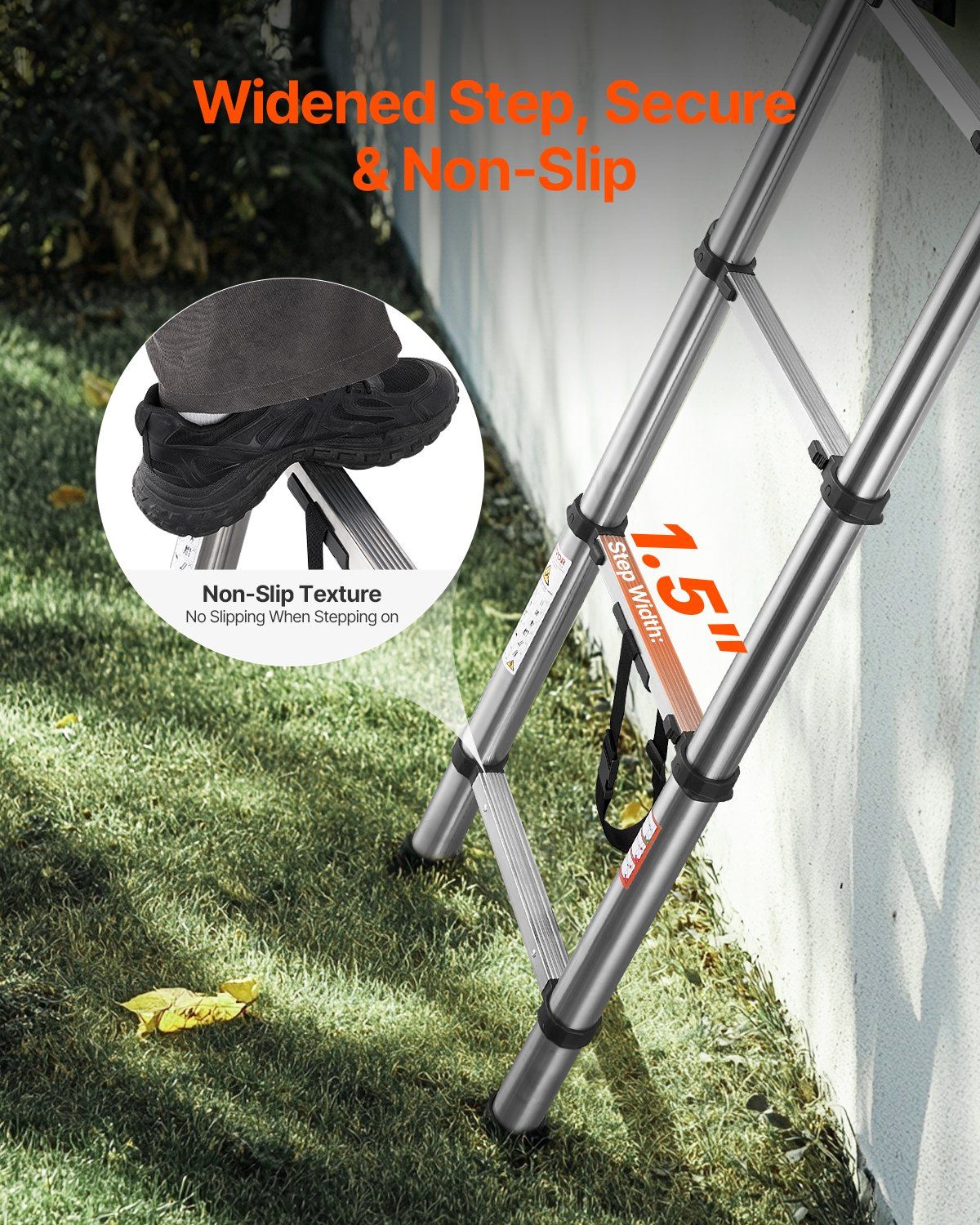 Telescoping Ladder, 2540mm Stainless Steel Lightweight Extension Ladder, Multi-Button Retraction Collapsible Ladders, 150 kg Capacity & Non-Slip Feet, Portable 9-Step Ladders for Home RV Loft - Image 3