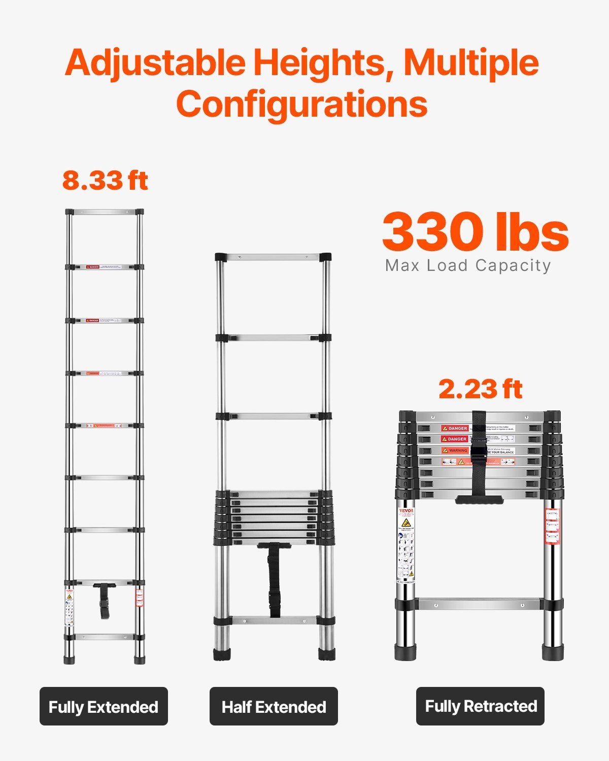 Telescoping Ladder, 2540mm Stainless Steel Lightweight Extension Ladder, Multi-Button Retraction Collapsible Ladders, 150 kg Capacity & Non-Slip Feet, Portable 9-Step Ladders for Home RV Loft - Image 6