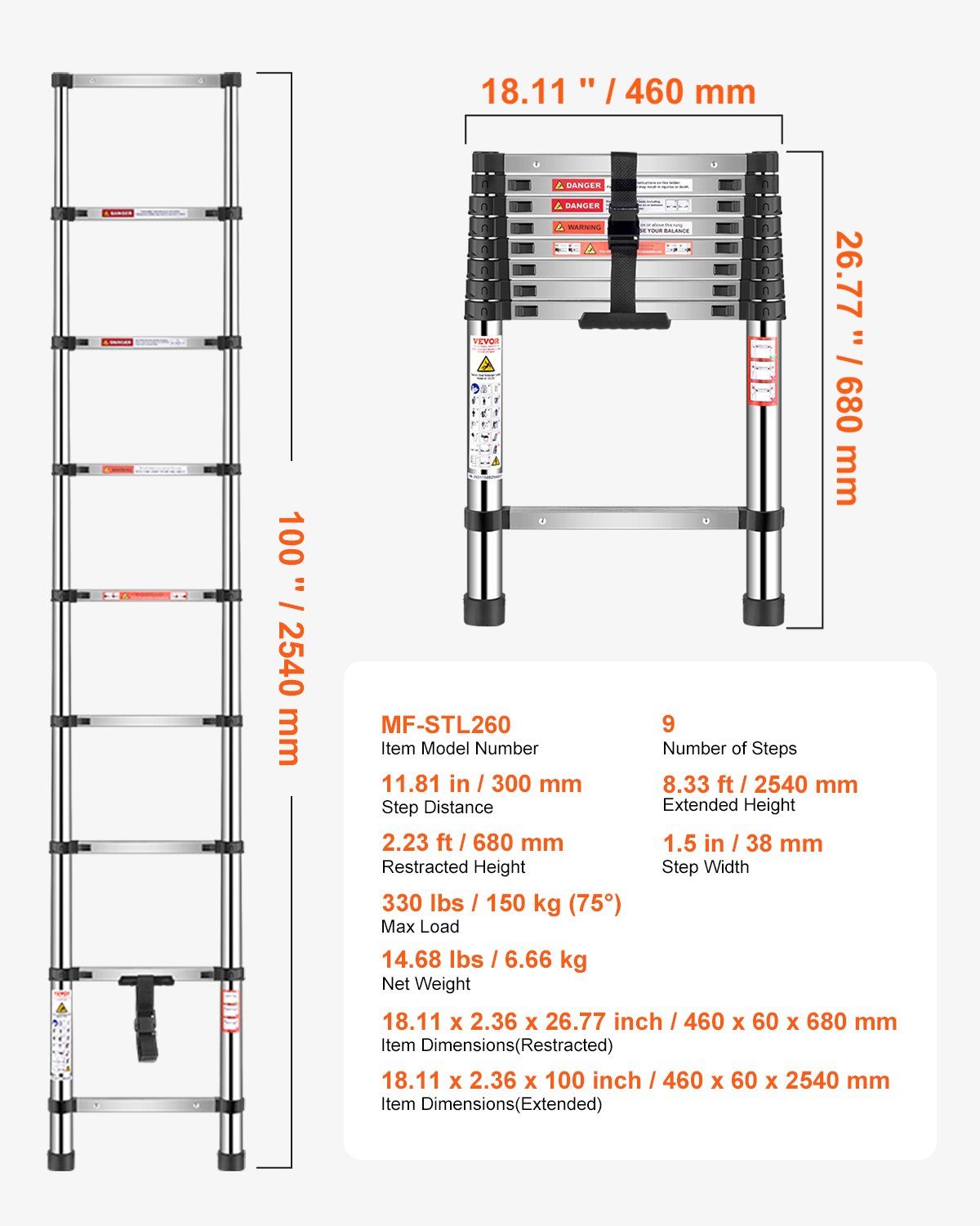 Telescoping Ladder, 2540mm Stainless Steel Lightweight Extension Ladder, Multi-Button Retraction Collapsible Ladders, 150 kg Capacity & Non-Slip Feet, Portable 9-Step Ladders for Home RV Loft - Image 7