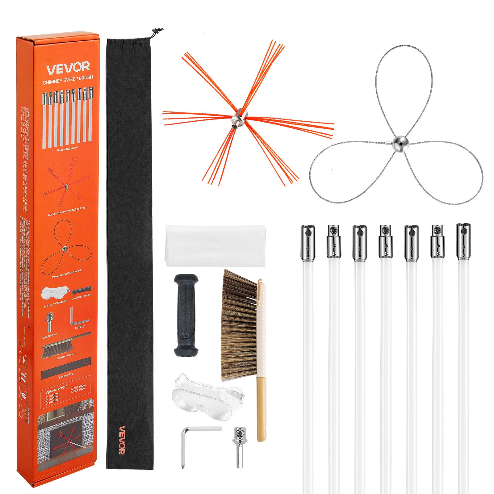 Chimney Sweep Kit, 7m Maximum Extendable Length Chimney Brush, Chimney Cleaner Sweeper with Dual Brush Heads, Brush & Goggles, Fireplace Cleaning Tool for Square, Rectangle, Arch Chimneys - Image 1