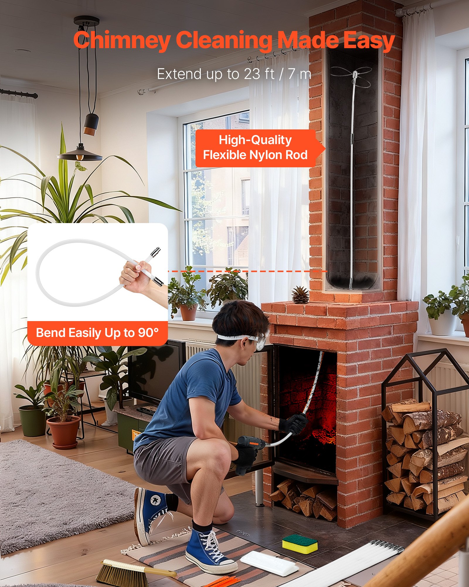 Chimney Sweep Kit, 7m Maximum Extendable Length Chimney Brush, Chimney Cleaner Sweeper with Dual Brush Heads, Brush & Goggles, Fireplace Cleaning Tool for Square, Rectangle, Arch Chimneys - Image 3