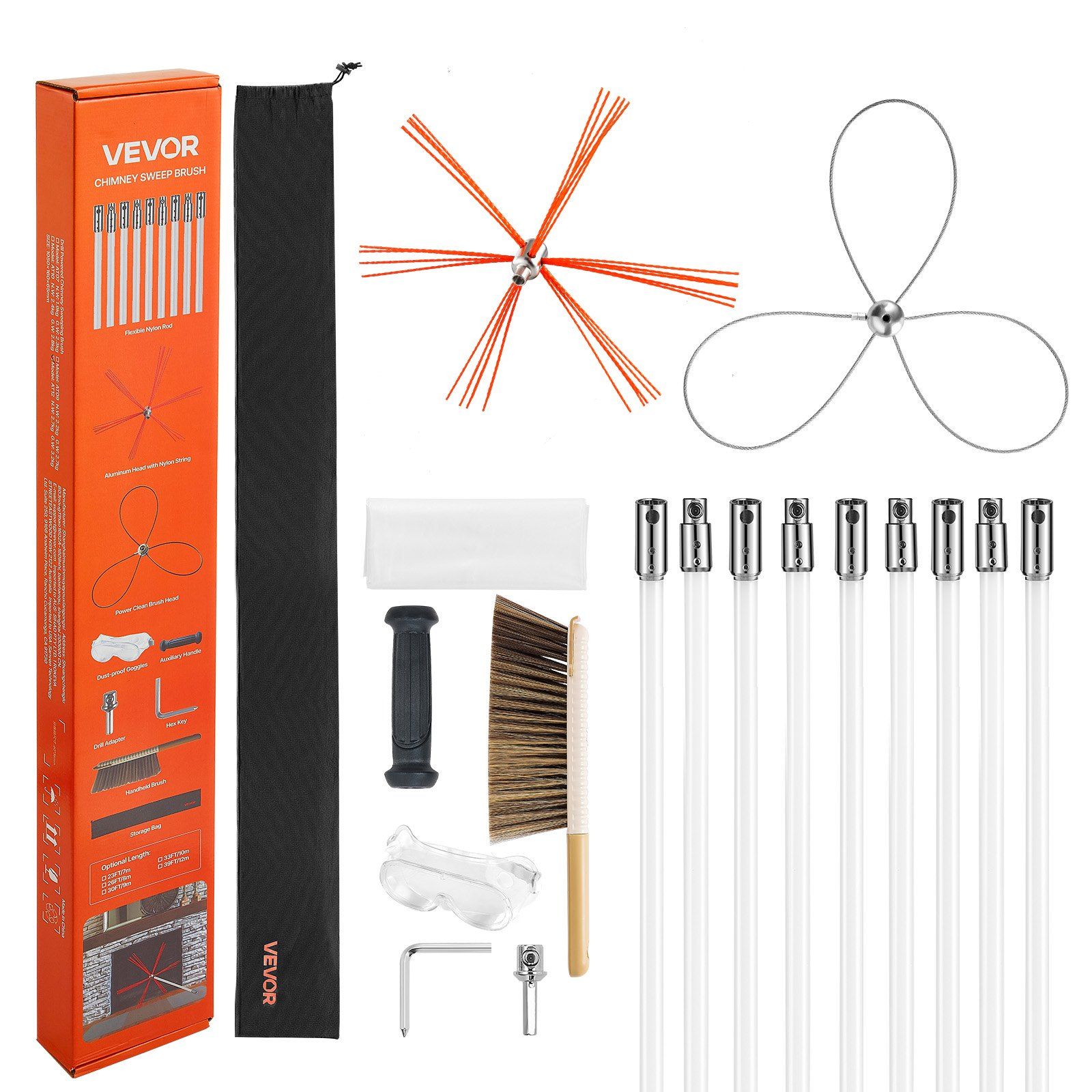 Chimney Sweep Kit, 9m Maximum Extendable Length Chimney Brush, Chimney Cleaner Sweeper with Dual Brush Heads, Brush & Goggles, Fireplace Cleaning Tool for Square, Rectangle, Arch Chimneys - Image 1