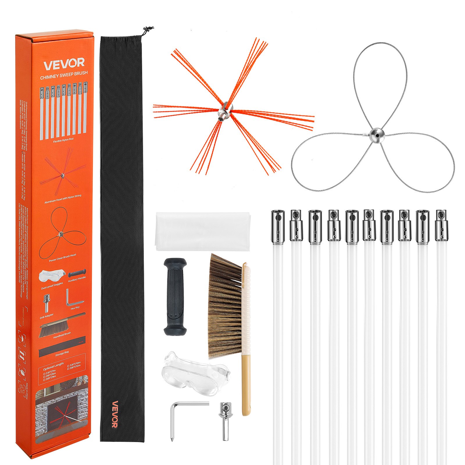Chimney Sweep Kit, 10m Maximum Extendable Length Chimney Brush, Chimney Cleaner Sweeper with Dual Brush Heads, Brush & Goggles, Fireplace Cleaning Tool for Square, Rectangle, Arch Chimneys - Image 1