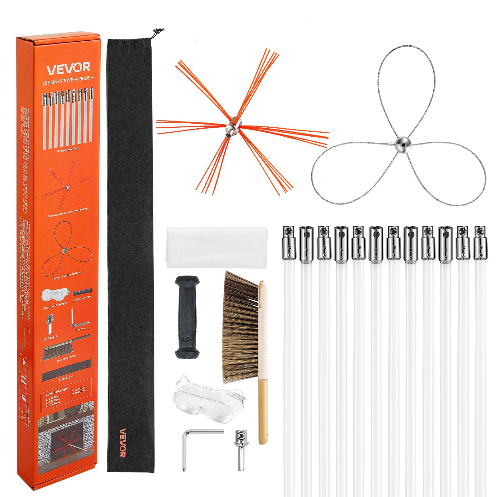 Chimney Sweep Kit, 12m Maximum Extendable Length Chimney Brush, Chimney Cleaner Sweeper with Dual Brush Heads, Brush & Goggles, Fireplace Cleaning Tool for Square, Rectangle, Arch Chimneys - Image 1