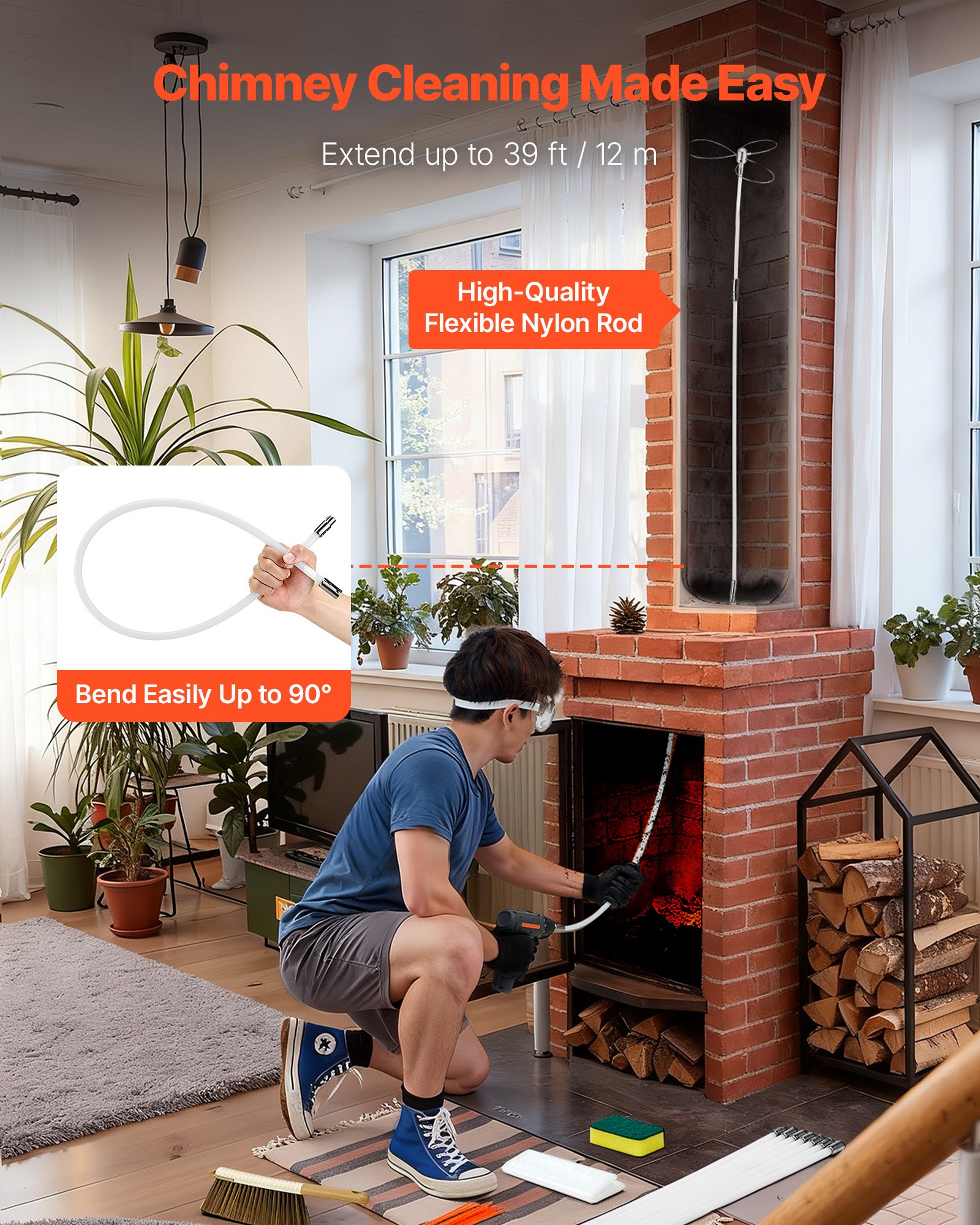Chimney Sweep Kit, 12m Maximum Extendable Length Chimney Brush, Chimney Cleaner Sweeper with Dual Brush Heads, Brush & Goggles, Fireplace Cleaning Tool for Square, Rectangle, Arch Chimneys - Image 3