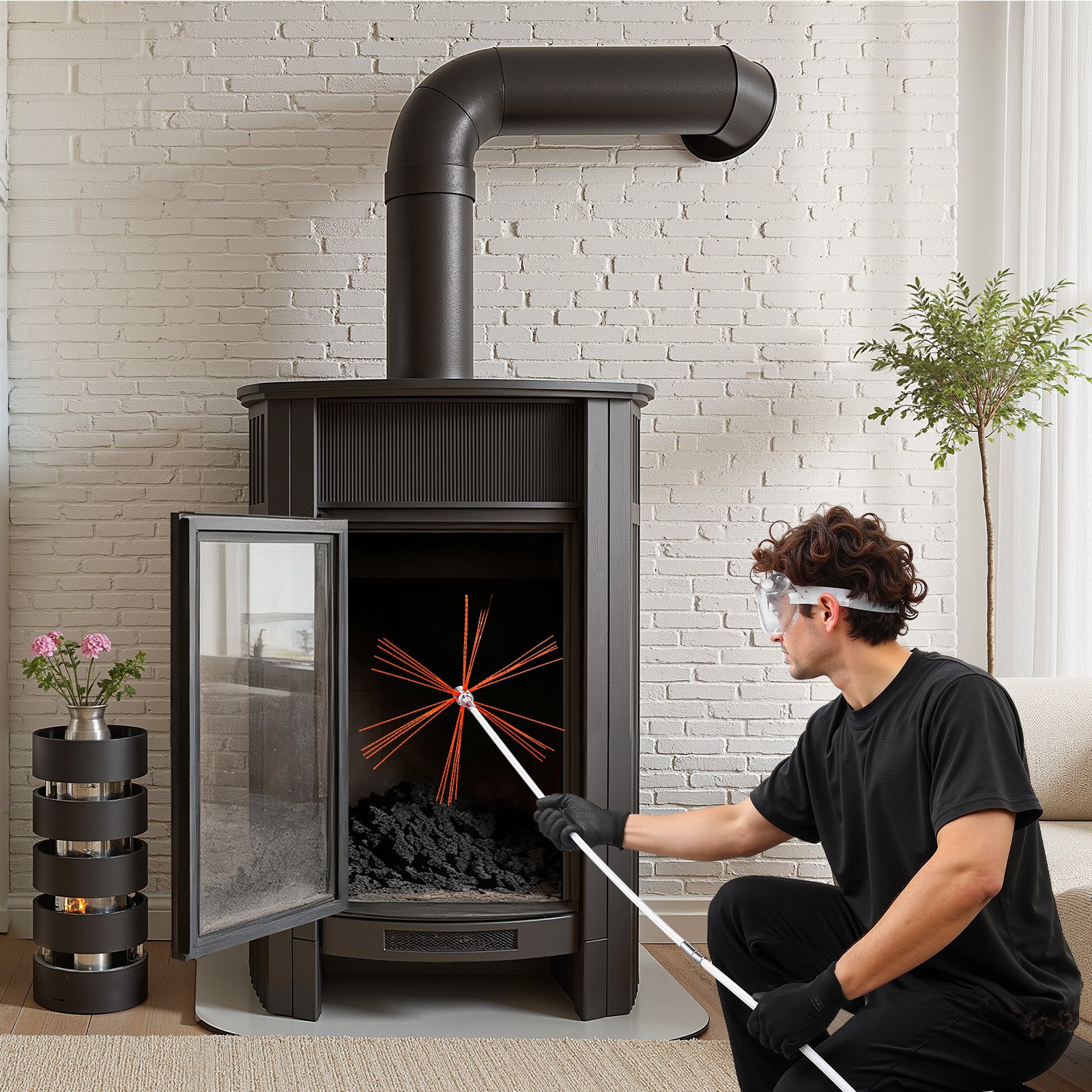 Chimney Sweep Kit, 12m Maximum Extendable Length Chimney Brush, Chimney Cleaner Sweeper with Dual Brush Heads, Brush & Goggles, Fireplace Cleaning Tool for Square, Rectangle, Arch Chimneys - Image 8