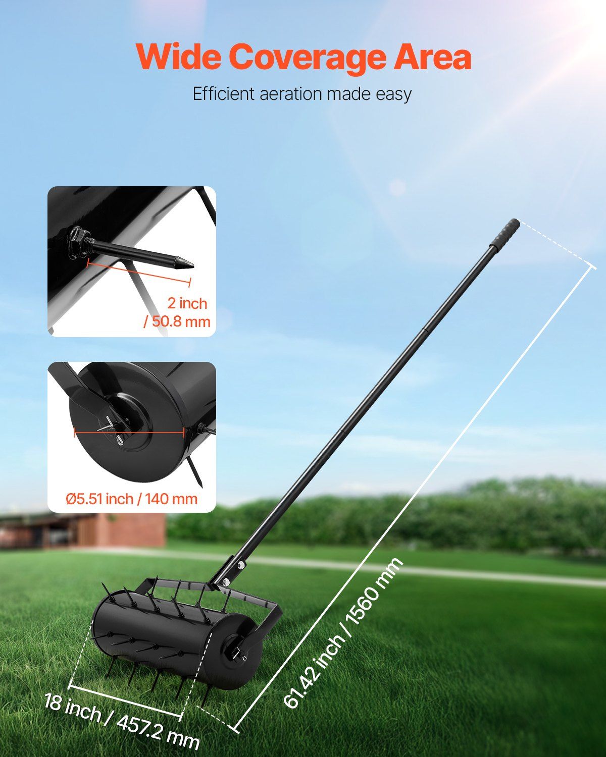 Rolling Lawn Aerator, 435mm Heavy-Duty Manual Rolling Aerator Lawn with Detachable Handle and 27 Iron Spikes, Rolling Lawn Aeration Tool for Garden Patio Yard Compacted Soils and Lawns, Black - Image 2