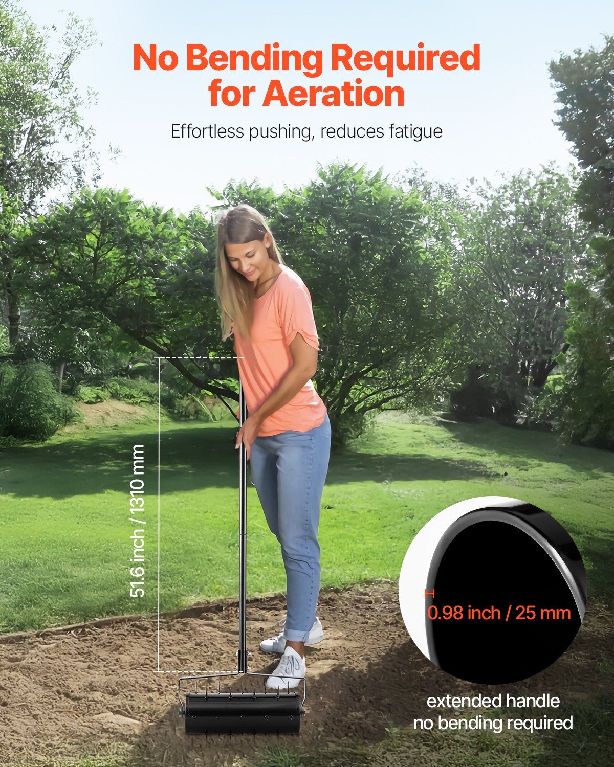 Rolling Lawn Aerator, 435mm Heavy-Duty Manual Rolling Aerator Lawn with Detachable Handle and 27 Iron Spikes, Rolling Lawn Aeration Tool for Garden Patio Yard Compacted Soils and Lawns, Black - Image 5