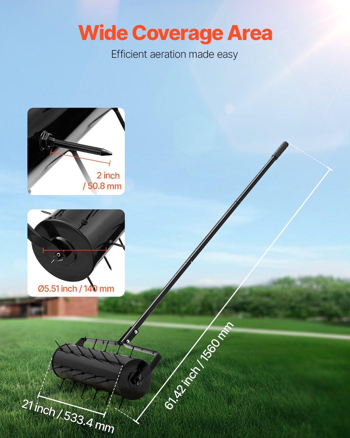 Rolling Lawn Aerator, 525mm Heavy-Duty Manual Rolling Aerator Lawn with Detachable Handle and 33 Iron Spikes, Rolling Lawn Aeration Tool for Garden Patio Yard Compacted Soils and Lawns, Black - Image 2