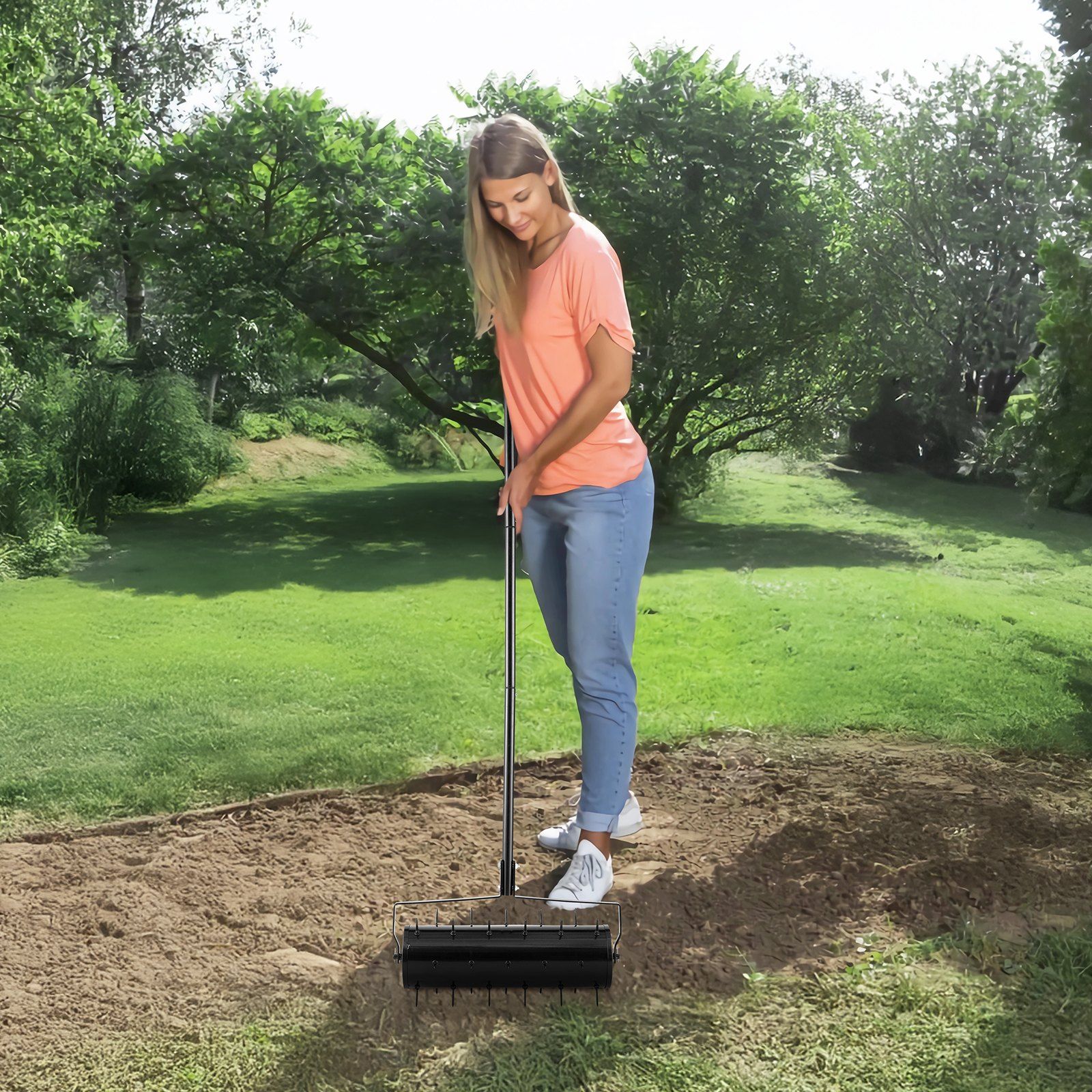 Rolling Lawn Aerator, 525mm Heavy-Duty Manual Rolling Aerator Lawn with Detachable Handle and 33 Iron Spikes, Rolling Lawn Aeration Tool for Garden Patio Yard Compacted Soils and Lawns, Black - Image 8