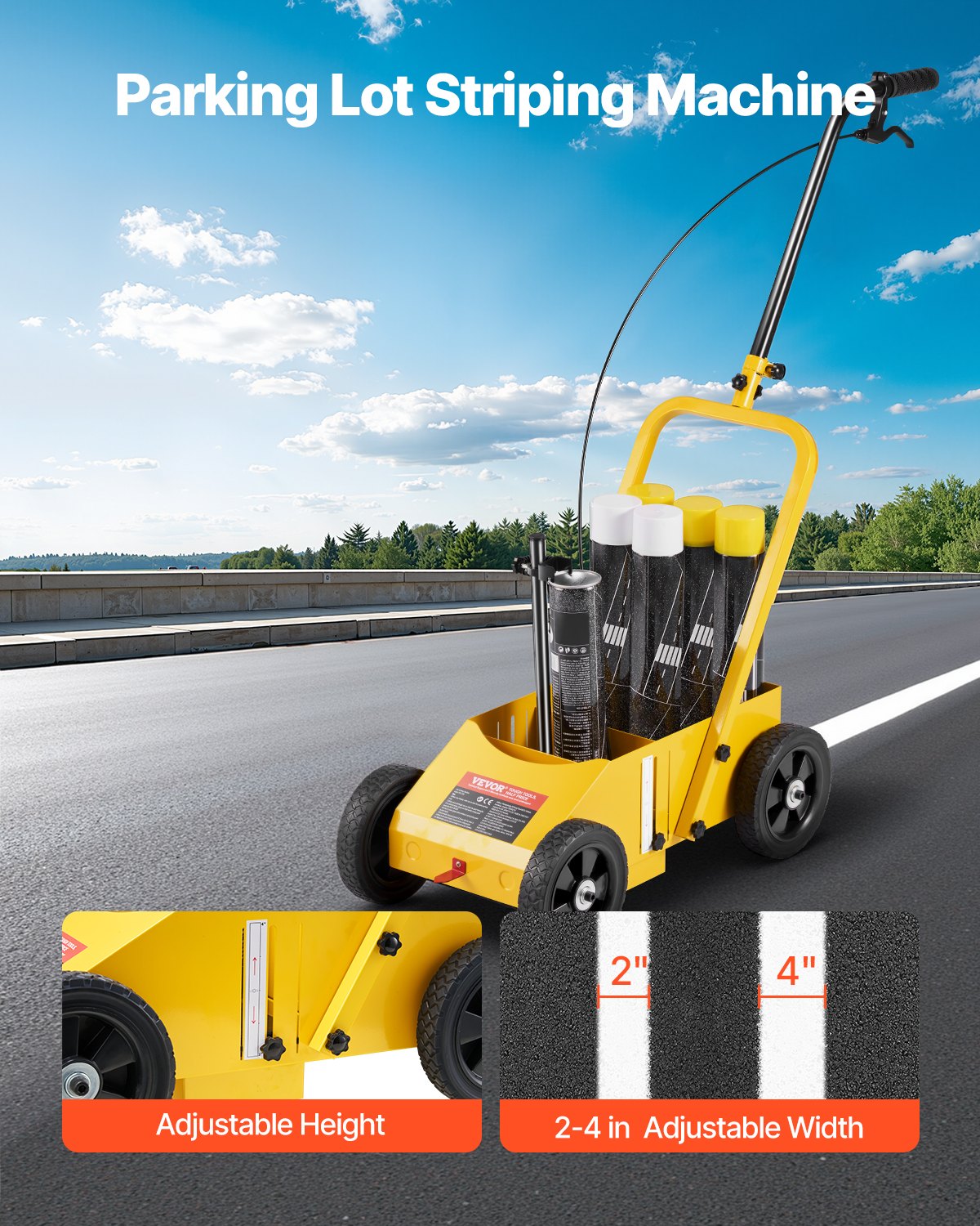 Striping Line Marking Machine, 610 x 330 x 900 mm, 4-Wheel, Heavy Duty Striping Line Machine with 56-102 mm Adjustable Width, Make Clear Edge Line for Roads, Parking Lots, Sports Field, Yellow - Image 2