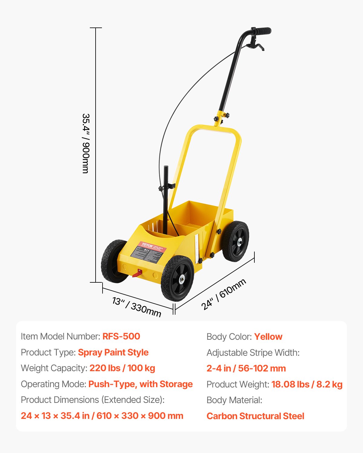 Striping Line Marking Machine, 610 x 330 x 900 mm, 4-Wheel, Heavy Duty Striping Line Machine with 56-102 mm Adjustable Width, Make Clear Edge Line for Roads, Parking Lots, Sports Field, Yellow - Image 7