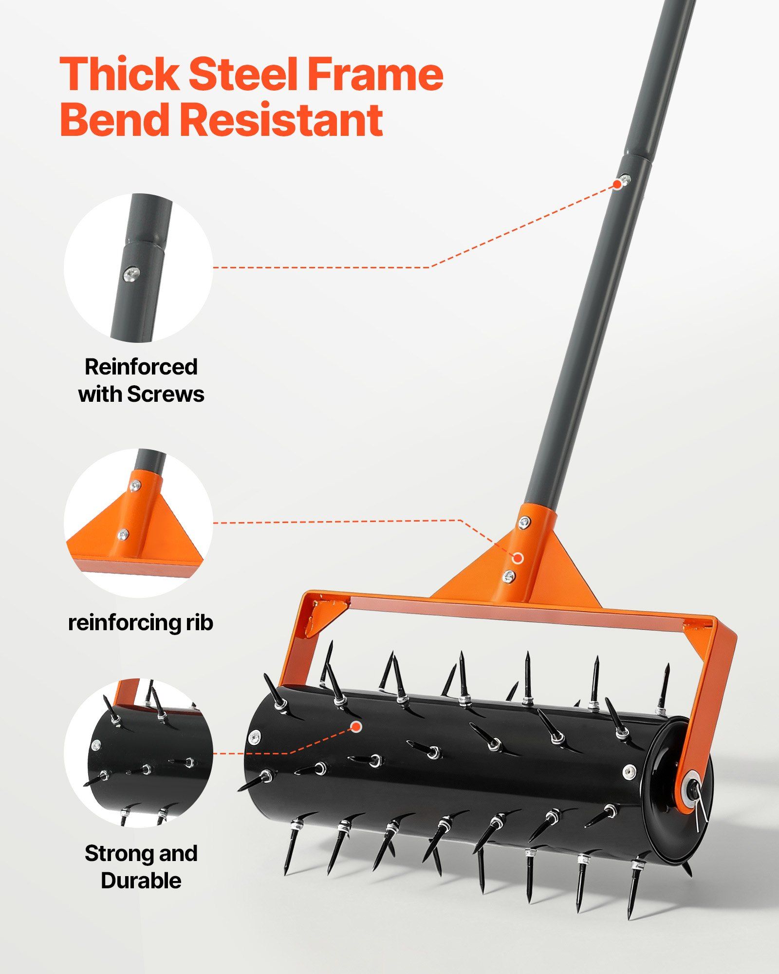 Rolling Lawn Aerator, 410mm Manual Push Aerator Roller with 42 Spikes & 60 in Long Handle, Fillable Drum for Added Weight, Heavy-Duty Lawn Soil Penetrator for Garden Yard Compacted Soils - Image 3