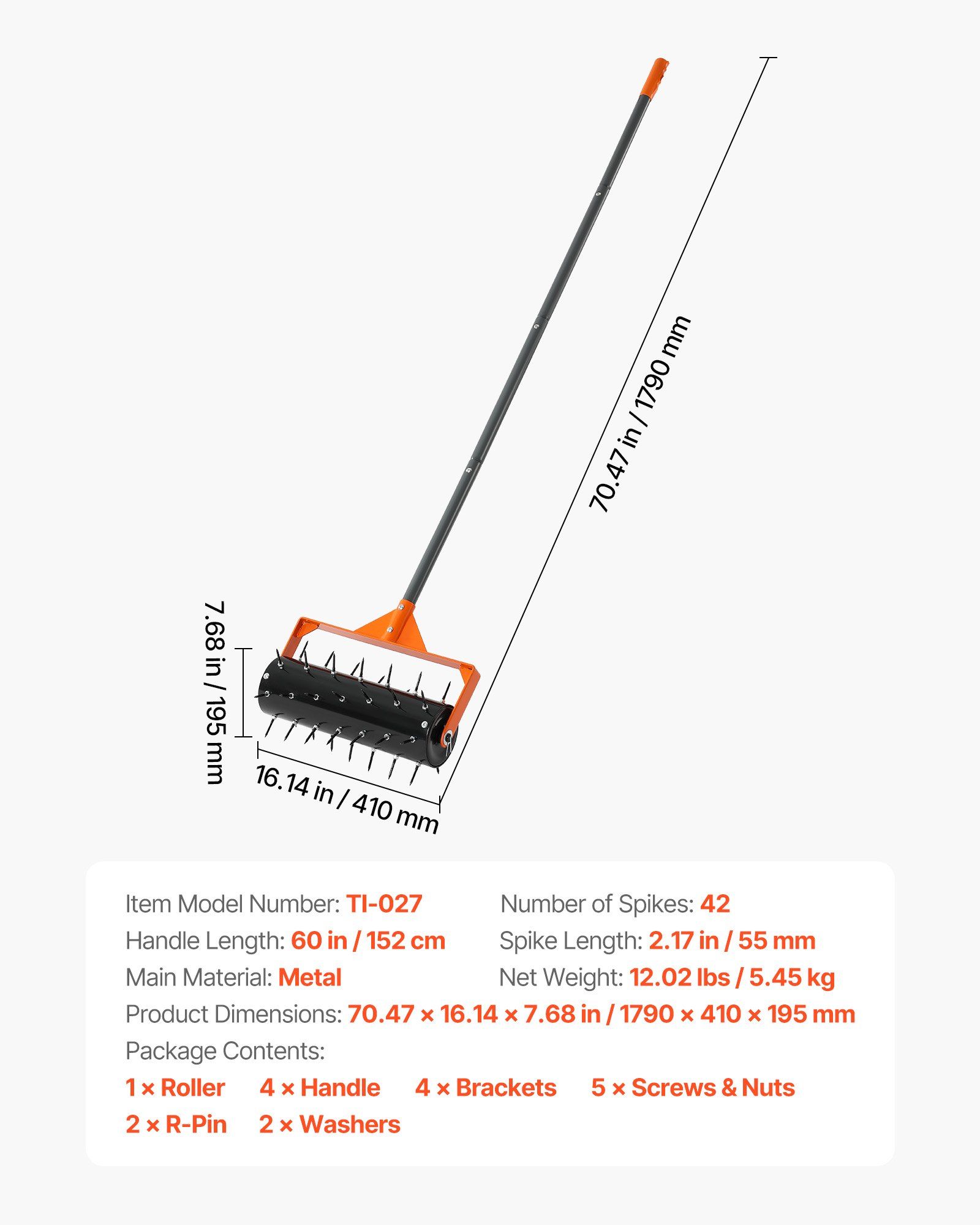 Rolling Lawn Aerator, 410mm Manual Push Aerator Roller with 42 Spikes & 60 in Long Handle, Fillable Drum for Added Weight, Heavy-Duty Lawn Soil Penetrator for Garden Yard Compacted Soils - Image 7