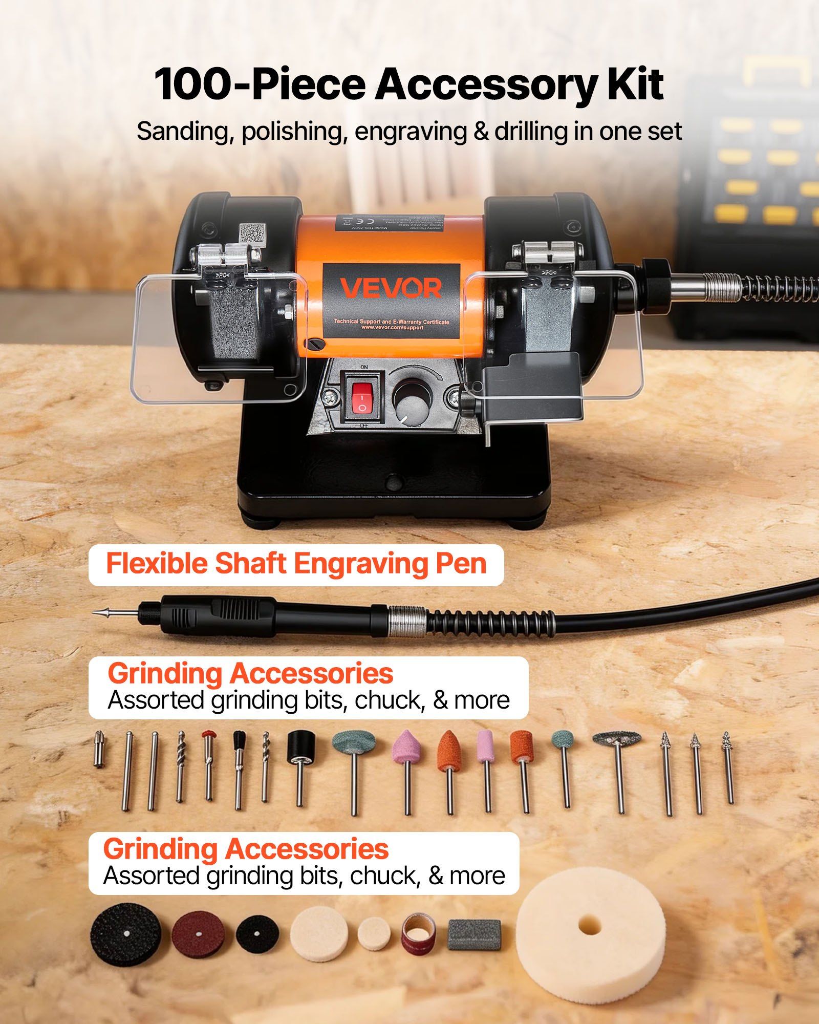 Bench Buffer Polisher, 8300-10600 RPM Adjustable Speed, Polishing & Buffing Machine with Grinding, Fiber, and Wool Wheels, 100-Piece Accessory Kit, for Jewelry, Wood, Metal, Raw Stone, Jade DIY - Image 3