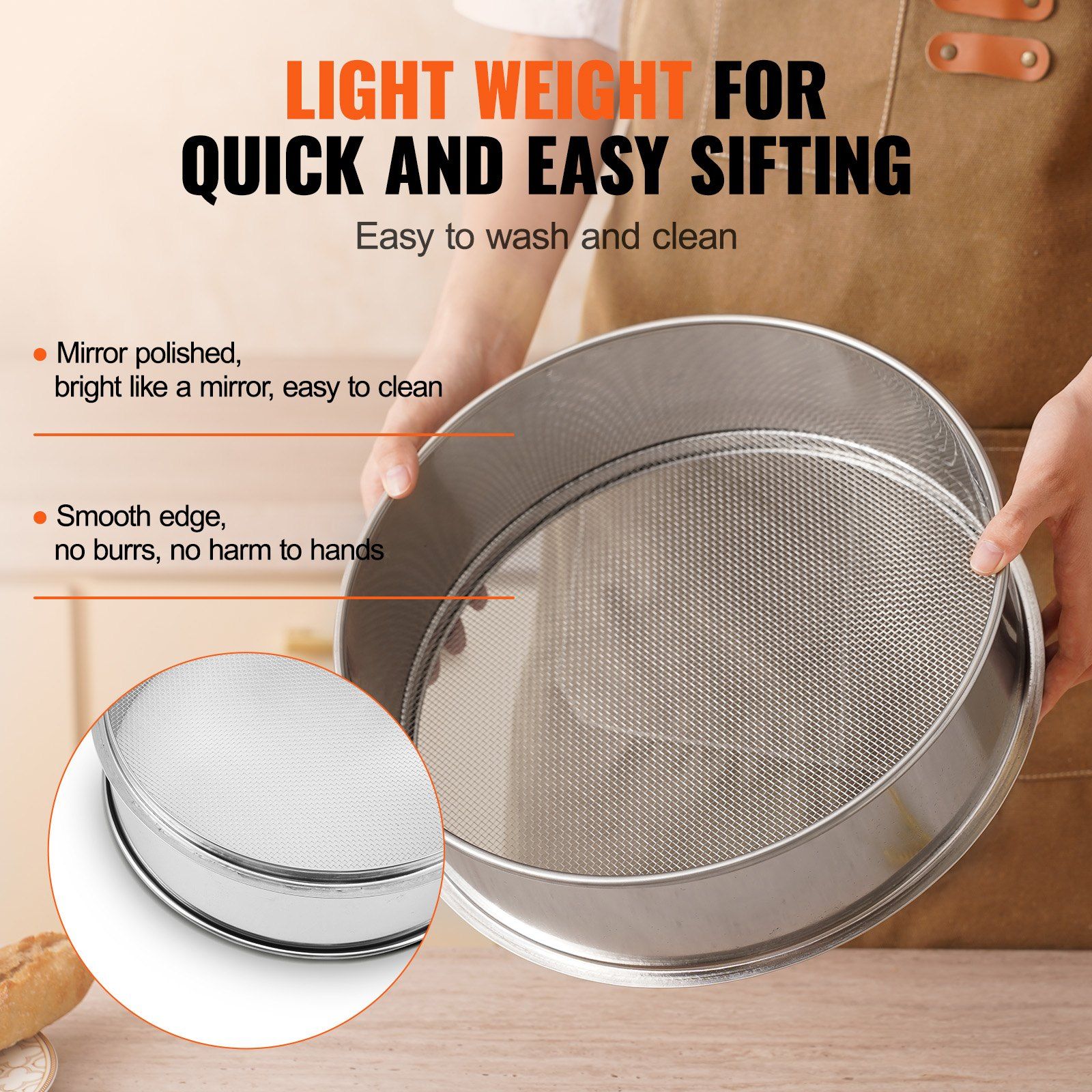 Flour Sieve Fine Mesh, 10 Mesh Flour Sifter, 304 Stainless Steel Fine Mesh Sifter Food-grade, Dia. 12.6