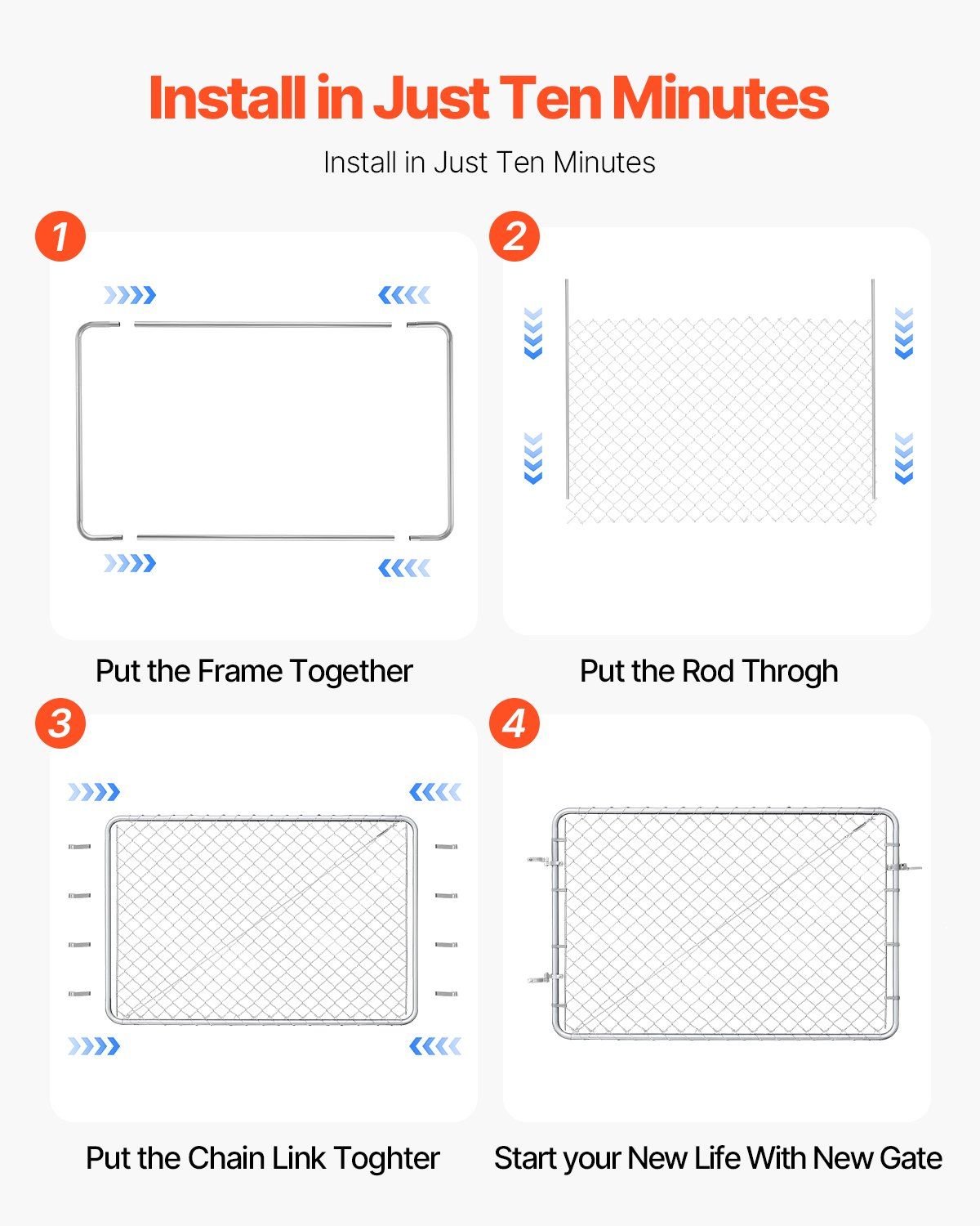 Chain Link Fence Gate, 183 x 122 cm, Adjustable Chain Link Fence Panel, Fit 67-183 cm (W) x 183 cm (H) Garden Fence Gate Opening, Rust-Resistant Galvanized Fencing Gate for Farm, Posts Not Included - Image 3
