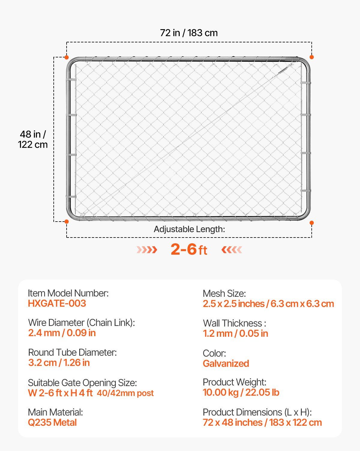 Chain Link Fence Gate, 183 x 122 cm, Adjustable Chain Link Fence Panel, Fit 67-183 cm (W) x 183 cm (H) Garden Fence Gate Opening, Rust-Resistant Galvanized Fencing Gate for Farm, Posts Not Included - Image 7