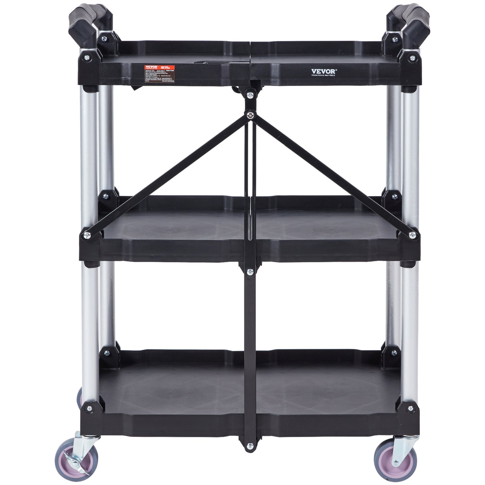 Foldable Utility Service Cart, 3 Shelf 165LBS Heavy Duty Plastic Rolling Cart with Lockable Wheels, Ergonomic Handle, Portable Garage Tool Cart for Warehouse/Office/Home(25.62