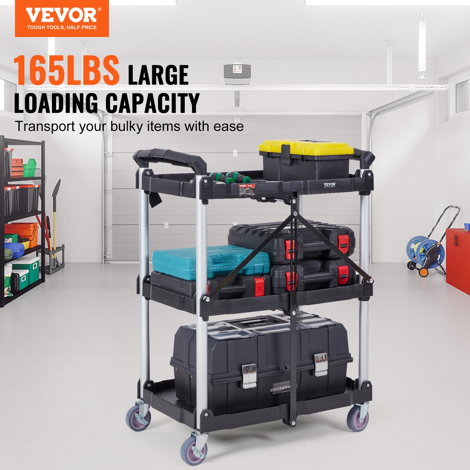 Foldable Utility Service Cart, 3 Shelf 165LBS Heavy Duty Plastic Rolling Cart with Lockable Wheels, Ergonomic Handle, Portable Garage Tool Cart for Warehouse/Office/Home(25.62
