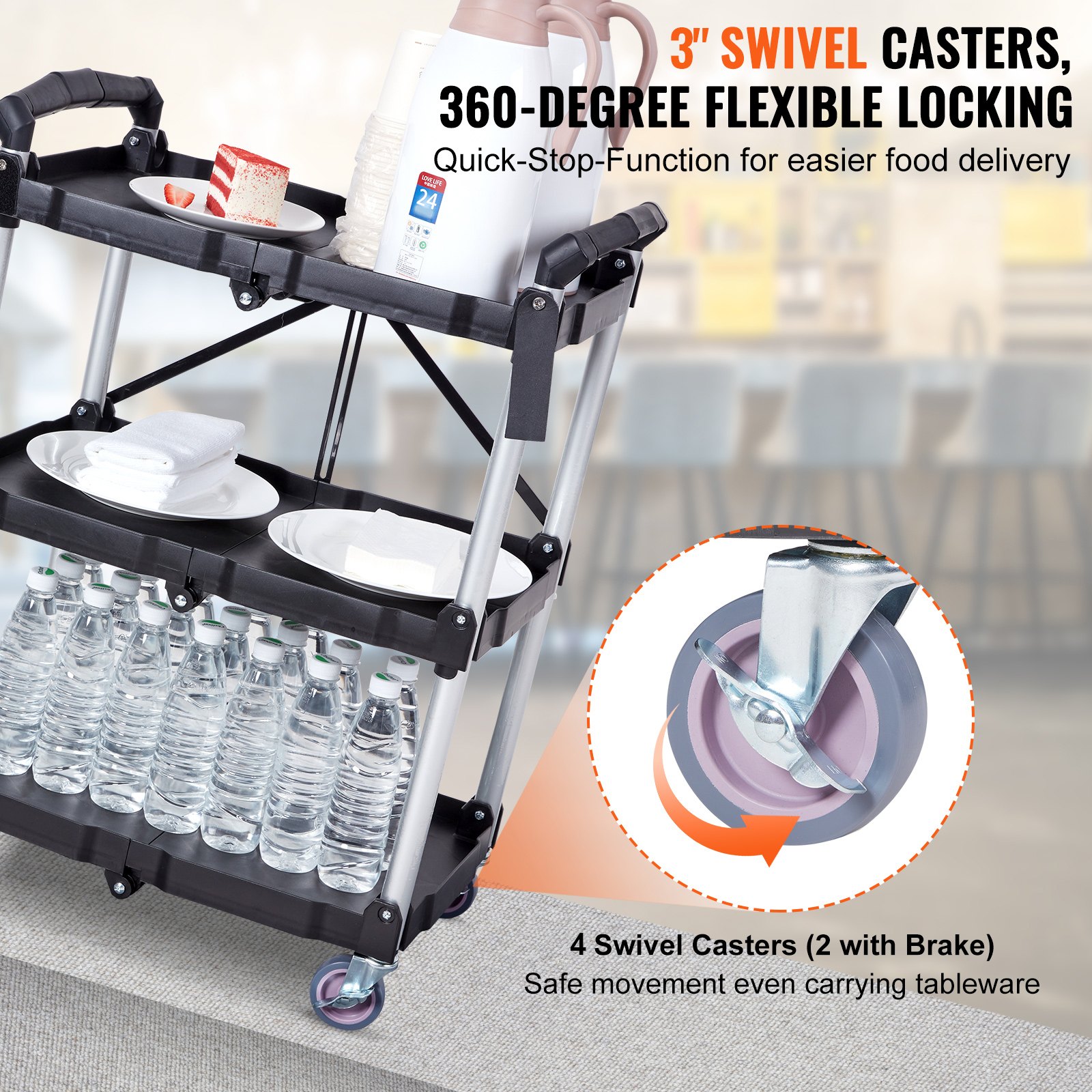 Foldable Utility Service Cart, 3 Shelf 165LBS Heavy Duty Plastic Rolling Cart with Lockable Wheels, Ergonomic Handle, Portable Garage Tool Cart for Warehouse/Office/Home(25.62
