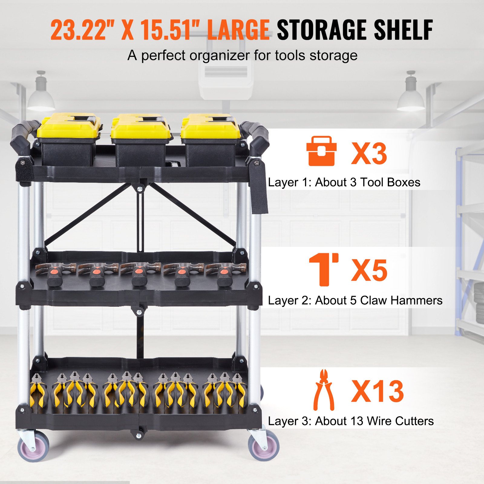 Foldable Utility Service Cart, 3 Shelf 165LBS Heavy Duty Plastic Rolling Cart with Lockable Wheels, Ergonomic Handle, Portable Garage Tool Cart for Warehouse/Office/Home(25.62