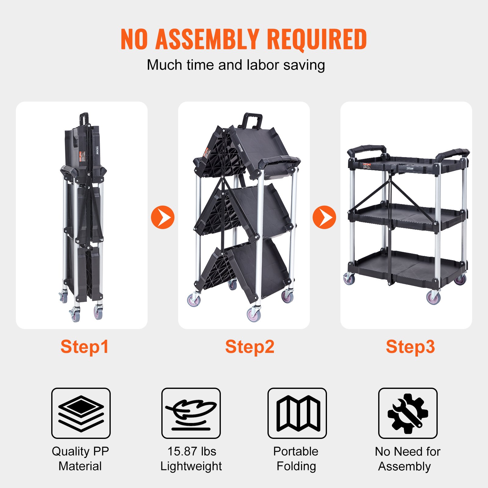Foldable Utility Service Cart, 3 Shelf 165LBS Heavy Duty Plastic Rolling Cart with Lockable Wheels, Ergonomic Handle, Portable Garage Tool Cart for Warehouse/Office/Home(25.62