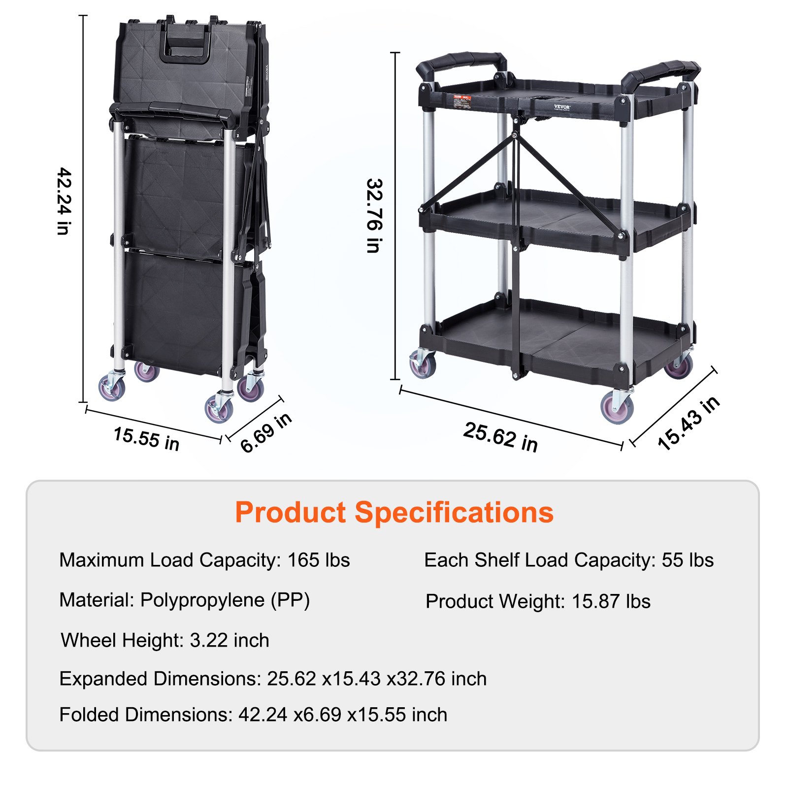 Foldable Utility Service Cart, 3 Shelf 165LBS Heavy Duty Plastic Rolling Cart with Lockable Wheels, Ergonomic Handle, Portable Garage Tool Cart for Warehouse/Office/Home(25.62