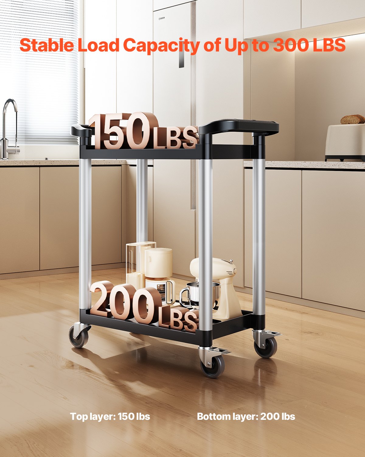 Utility Cart, 300 lbs Load Capacity, 2-tier Utility Plastic Cart with 360° Swivel Wheels (2 with Brakes), 24.4 x 16.1-inch Food Service Cart for Warehouse, Office, Home, Restaurant, Kitchen - Image 2