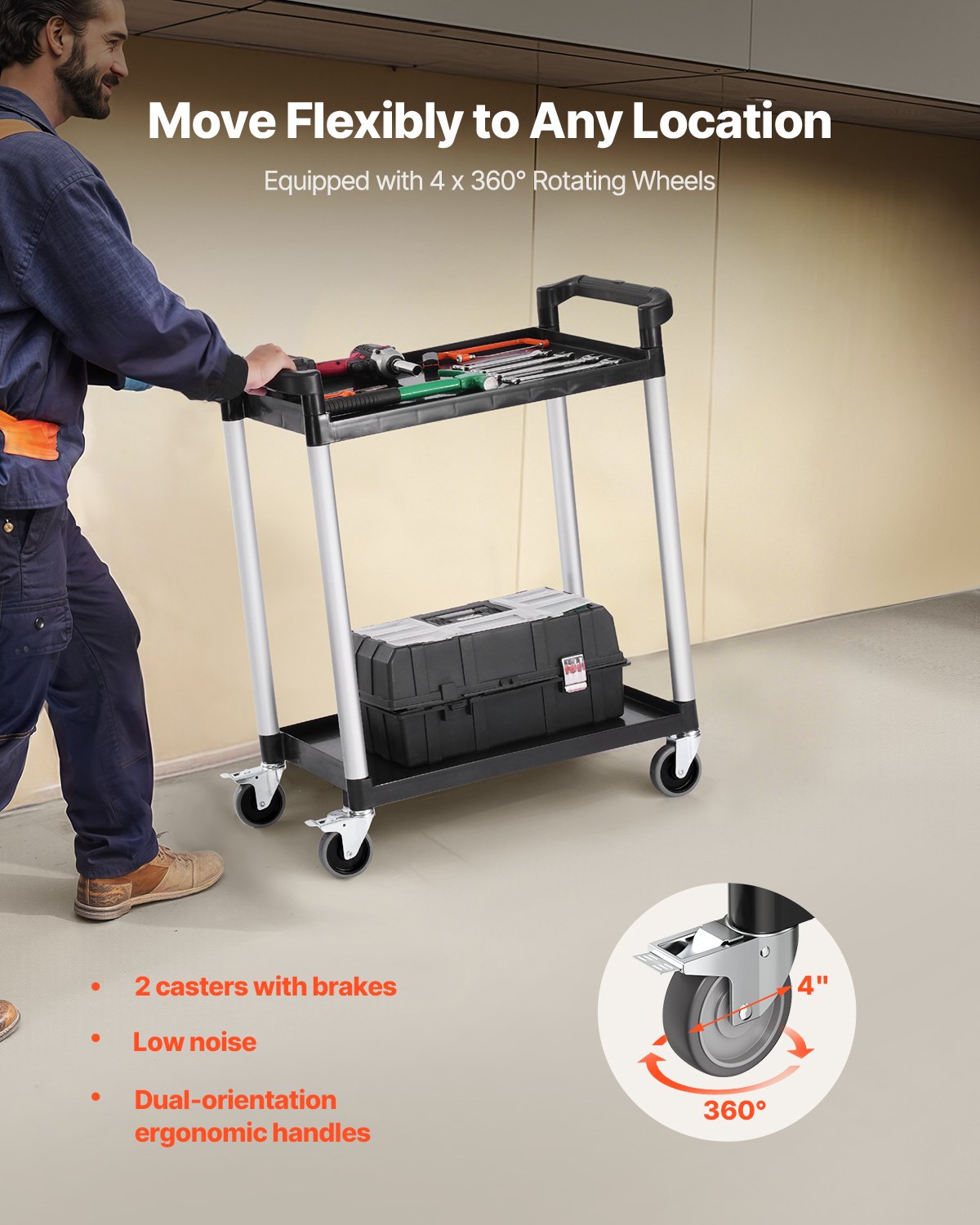 Utility Cart, 300 lbs Load Capacity, 2-tier Utility Plastic Cart with 360° Swivel Wheels (2 with Brakes), 24.4 x 16.1-inch Food Service Cart for Warehouse, Office, Home, Restaurant, Kitchen - Image 3