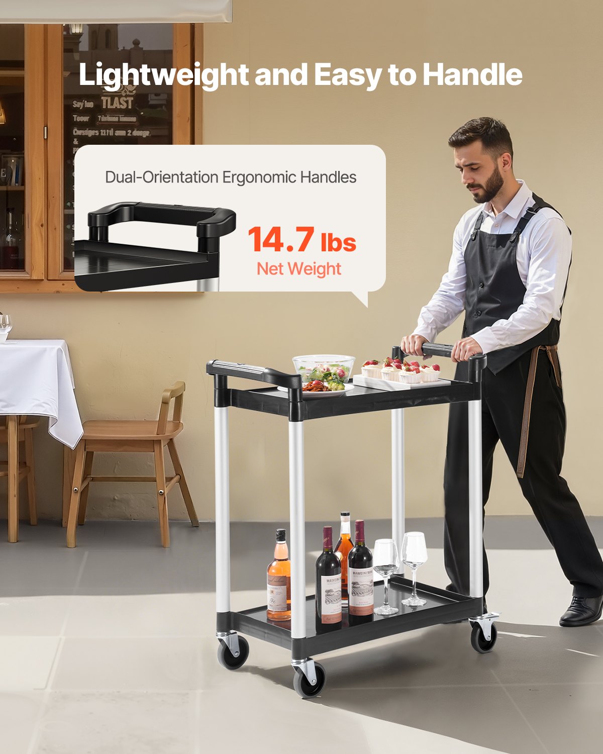 Utility Cart, 300 lbs Load Capacity, 2-tier Utility Plastic Cart with 360° Swivel Wheels (2 with Brakes), 24.4 x 16.1-inch Food Service Cart for Warehouse, Office, Home, Restaurant, Kitchen - Image 5