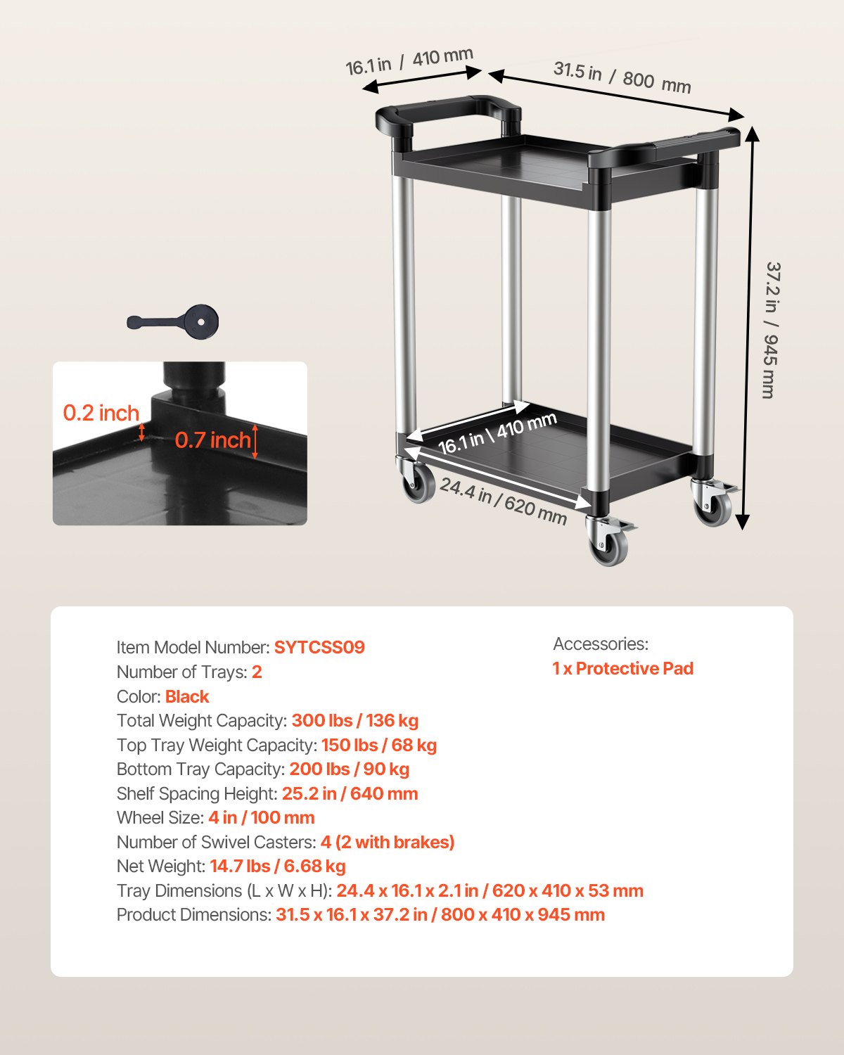 Utility Cart, 300 lbs Load Capacity, 2-tier Utility Plastic Cart with 360° Swivel Wheels (2 with Brakes), 24.4 x 16.1-inch Food Service Cart for Warehouse, Office, Home, Restaurant, Kitchen - Image 7