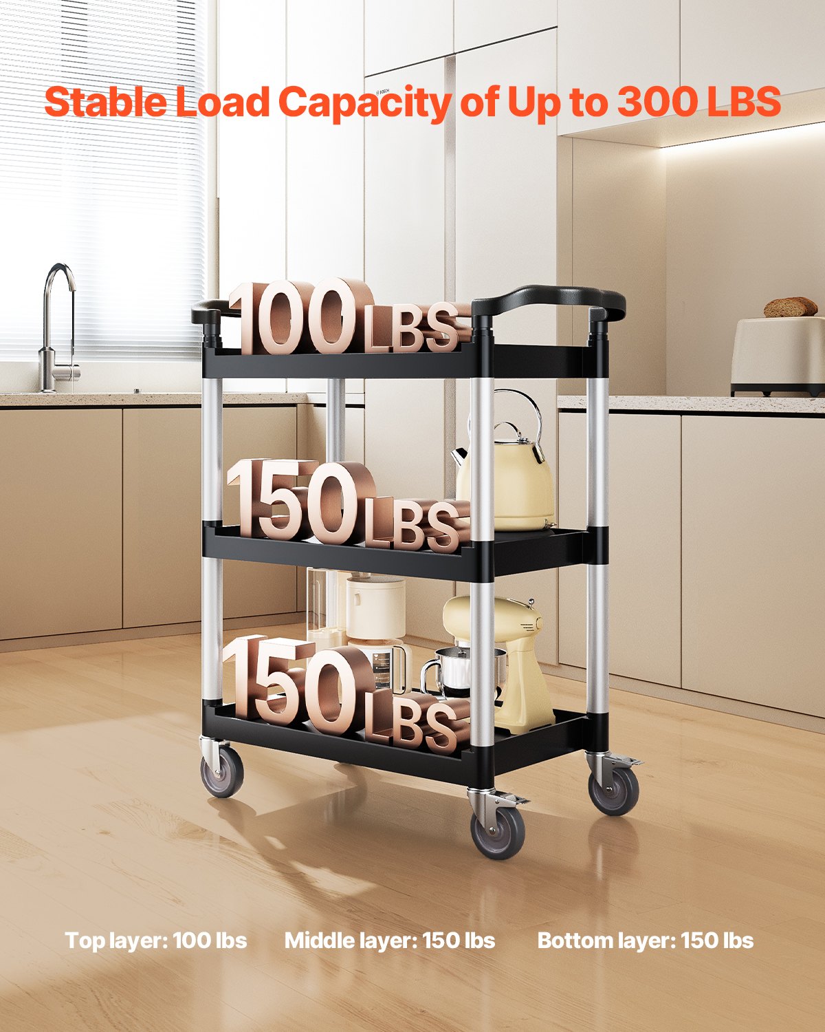 Utility Cart, 300 lbs Load Capacity, 3-tier Utility Plastic Cart with 360° Swivel Wheels (2 with Brakes), 24.4 x 16.1-inch Food Service Cart for Warehouse, Office, Home, Restaurant, Kitchen - Image 2