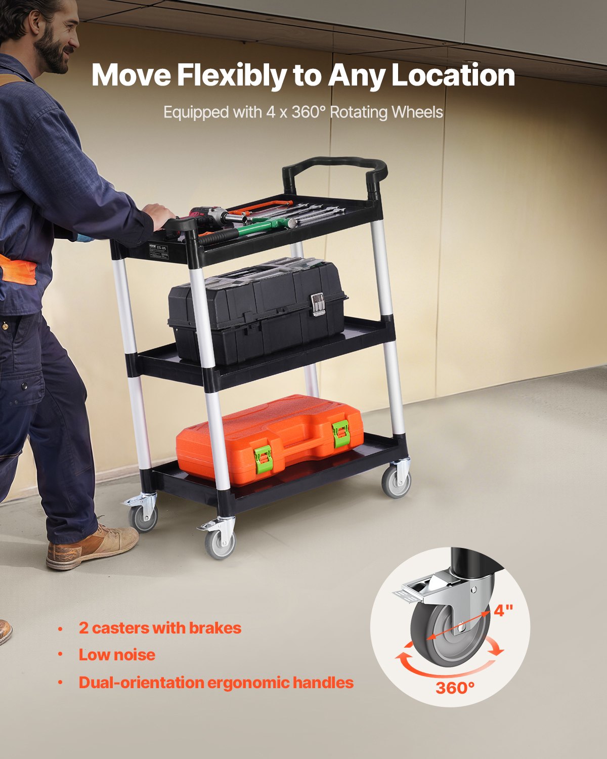 Utility Cart, 300 lbs Load Capacity, 3-tier Utility Plastic Cart with 360° Swivel Wheels (2 with Brakes), 24.4 x 16.1-inch Food Service Cart for Warehouse, Office, Home, Restaurant, Kitchen - Image 3