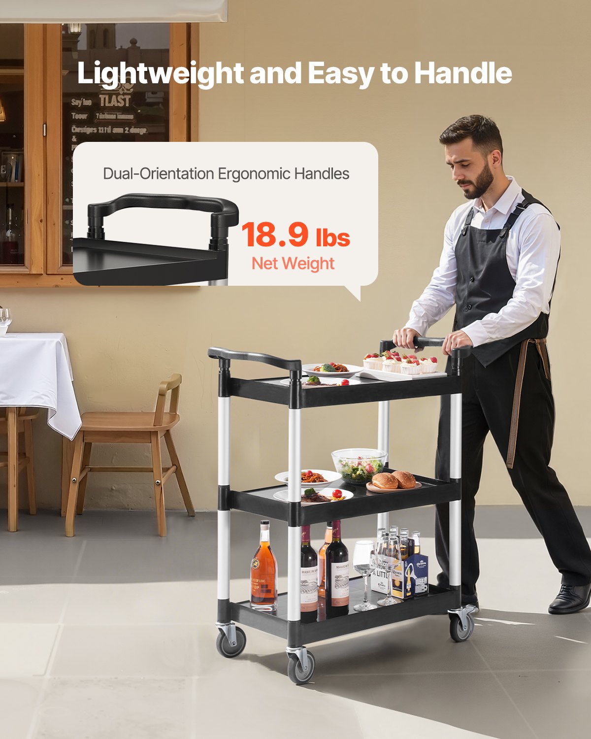Utility Cart, 300 lbs Load Capacity, 3-tier Utility Plastic Cart with 360° Swivel Wheels (2 with Brakes), 24.4 x 16.1-inch Food Service Cart for Warehouse, Office, Home, Restaurant, Kitchen - Image 5