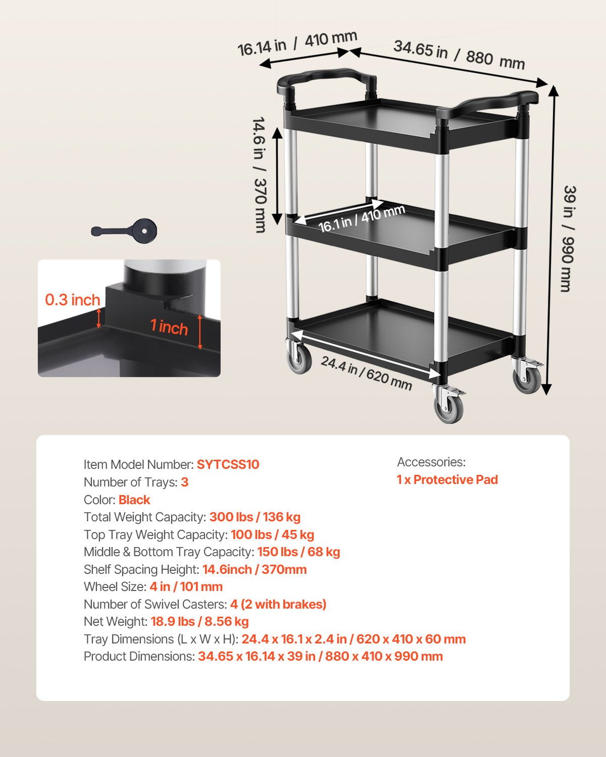 Utility Cart, 300 lbs Load Capacity, 3-tier Utility Plastic Cart with 360° Swivel Wheels (2 with Brakes), 24.4 x 16.1-inch Food Service Cart for Warehouse, Office, Home, Restaurant, Kitchen - Image 7