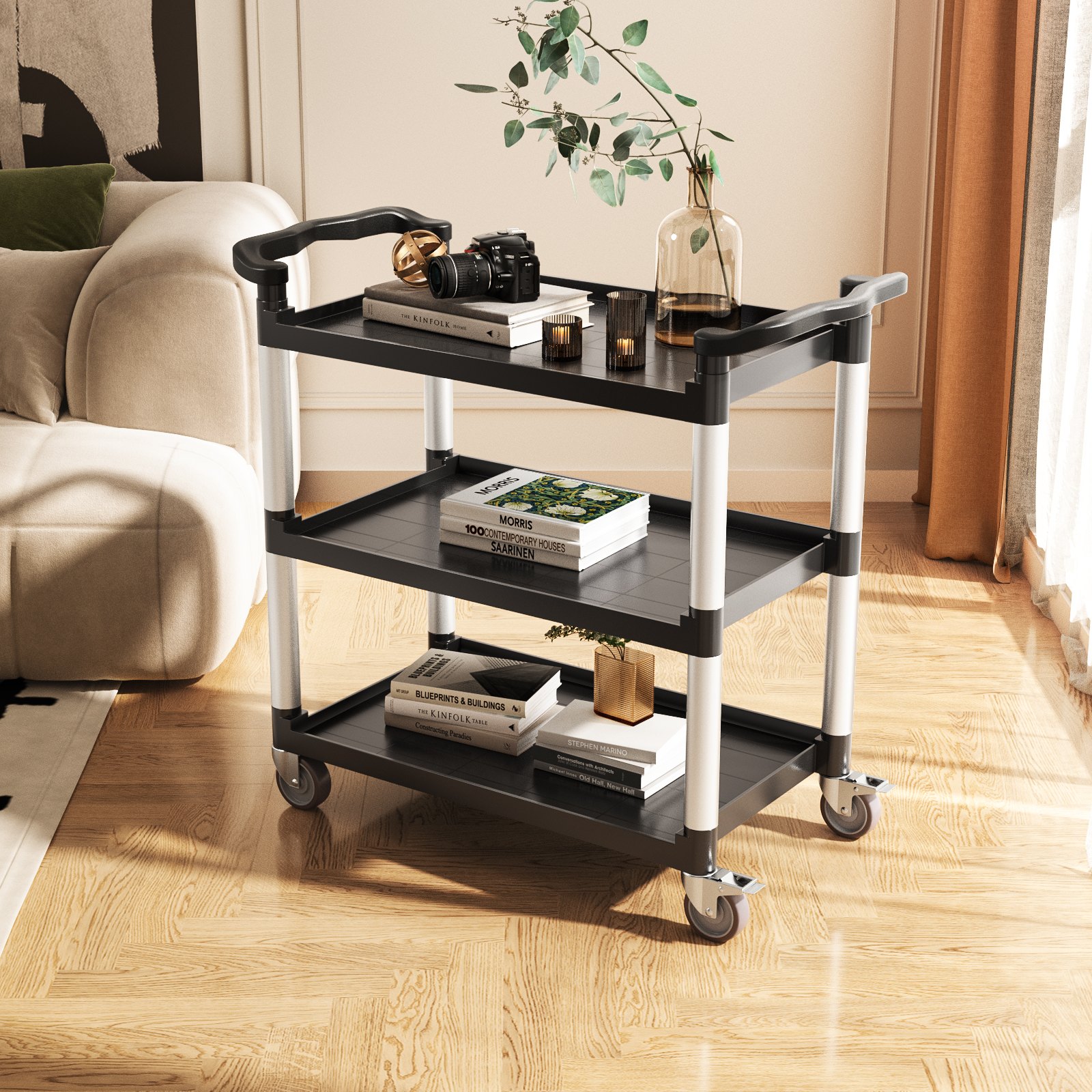 Utility Cart, 300 lbs Load Capacity, 3-tier Utility Plastic Cart with 360° Swivel Wheels (2 with Brakes), 24.4 x 16.1-inch Food Service Cart for Warehouse, Office, Home, Restaurant, Kitchen - Image 8