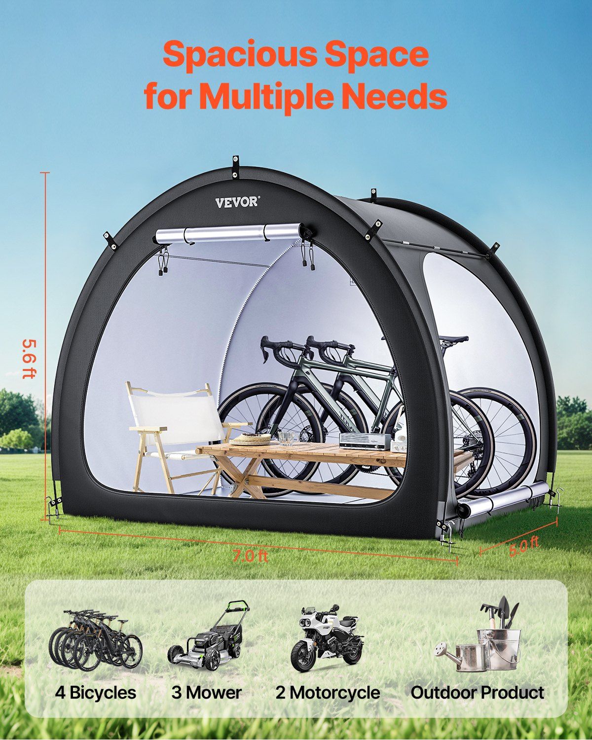 Bike Storage Tent, 4 to 5 Bikes, Outdoor Spacious Bike Storage Tent with Ventilated Window, Waterproof Fan-Shaped Bike Tent with High Strength Fiberglass & Double Door, Fit for Bicycle - Image 2