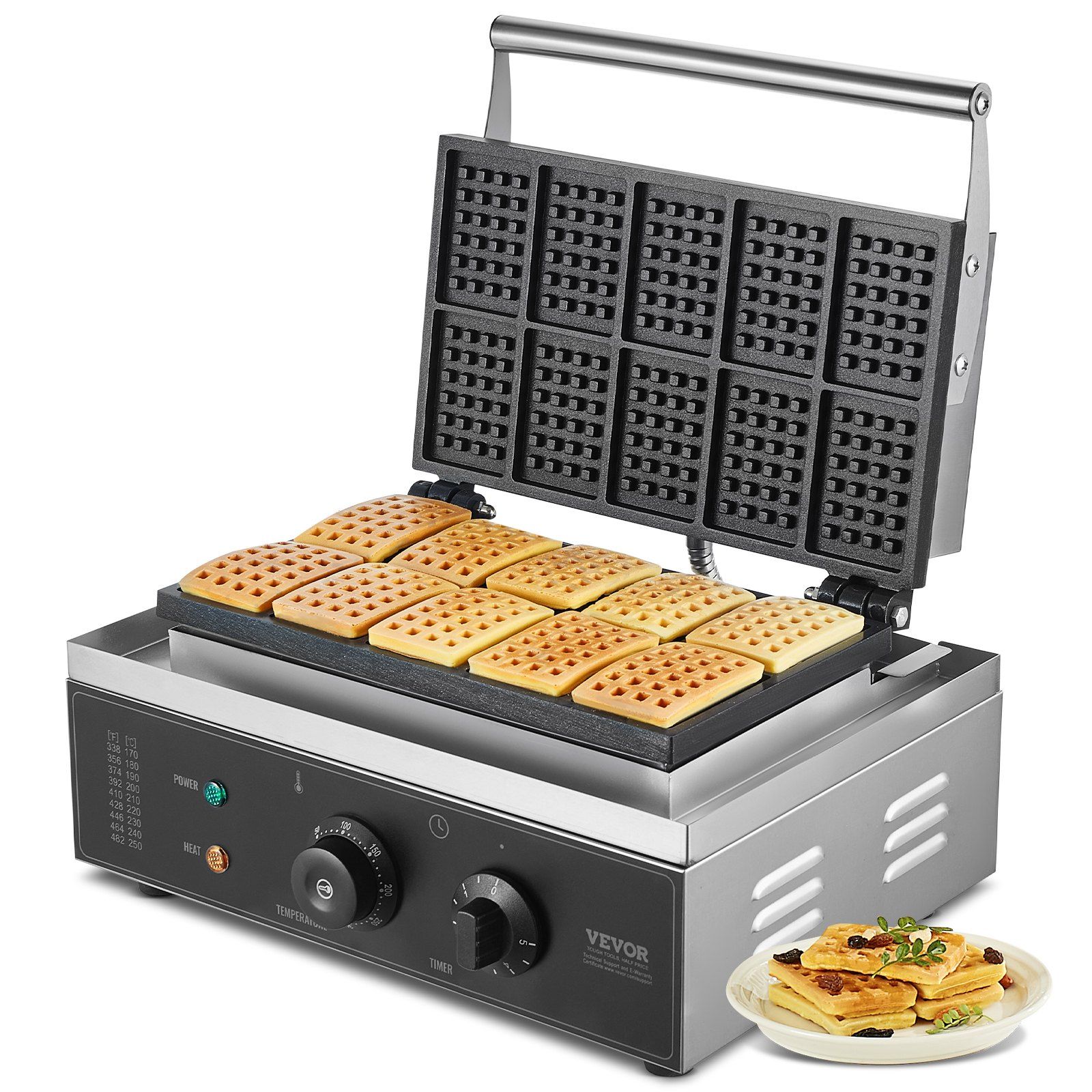 Commercial Waffle Maker, 10PCS Rectangle Waffle Baker Machine, 1550W Non-Stick Stainless Steel Belgian Waffle Iron with Temp and Time Control, Handle, for Restaurant Bakery Snack Bar Family - Image 1