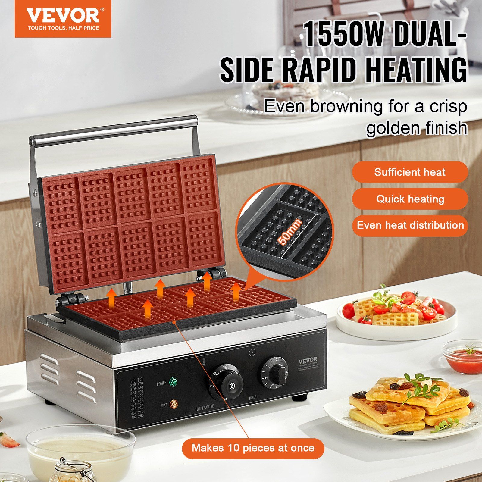 Commercial Waffle Maker, 10PCS Rectangle Waffle Baker Machine, 1550W Non-Stick Stainless Steel Belgian Waffle Iron with Temp and Time Control, Handle, for Restaurant Bakery Snack Bar Family - Image 2