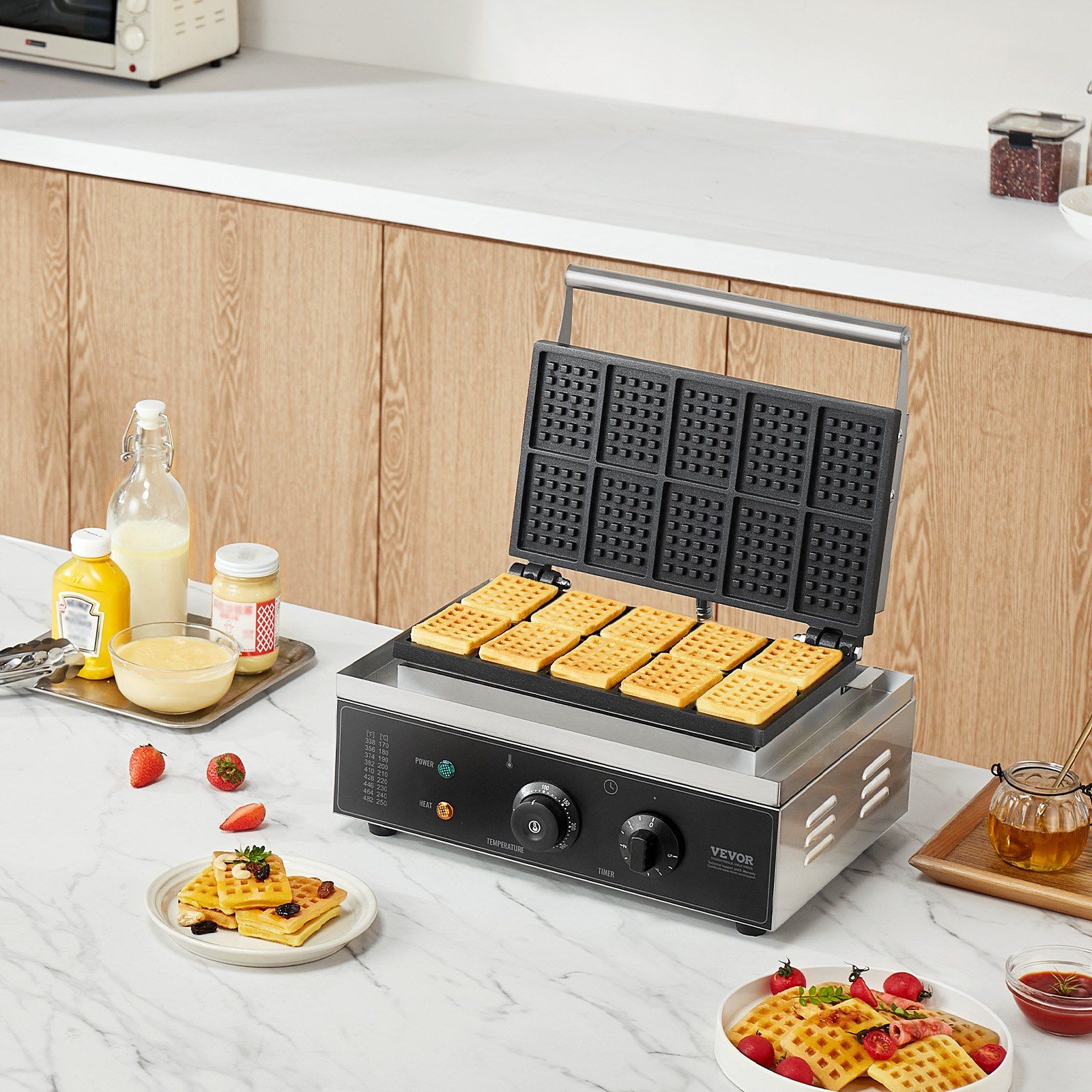Commercial Waffle Maker, 10PCS Rectangle Waffle Baker Machine, 1550W Non-Stick Stainless Steel Belgian Waffle Iron with Temp and Time Control, Handle, for Restaurant Bakery Snack Bar Family - Image 8